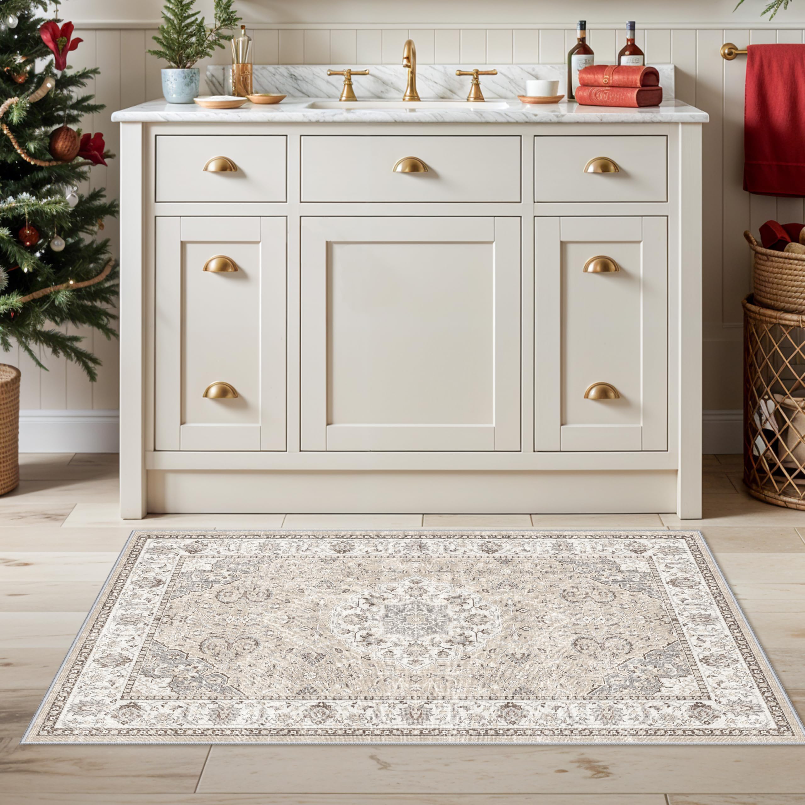Washable 2x4 Entryway Area Rugs: Vintage Water Resistant Kitchen Rug Non-Slip Durable Doormat Ultra Soft Living Room Bedroom Car