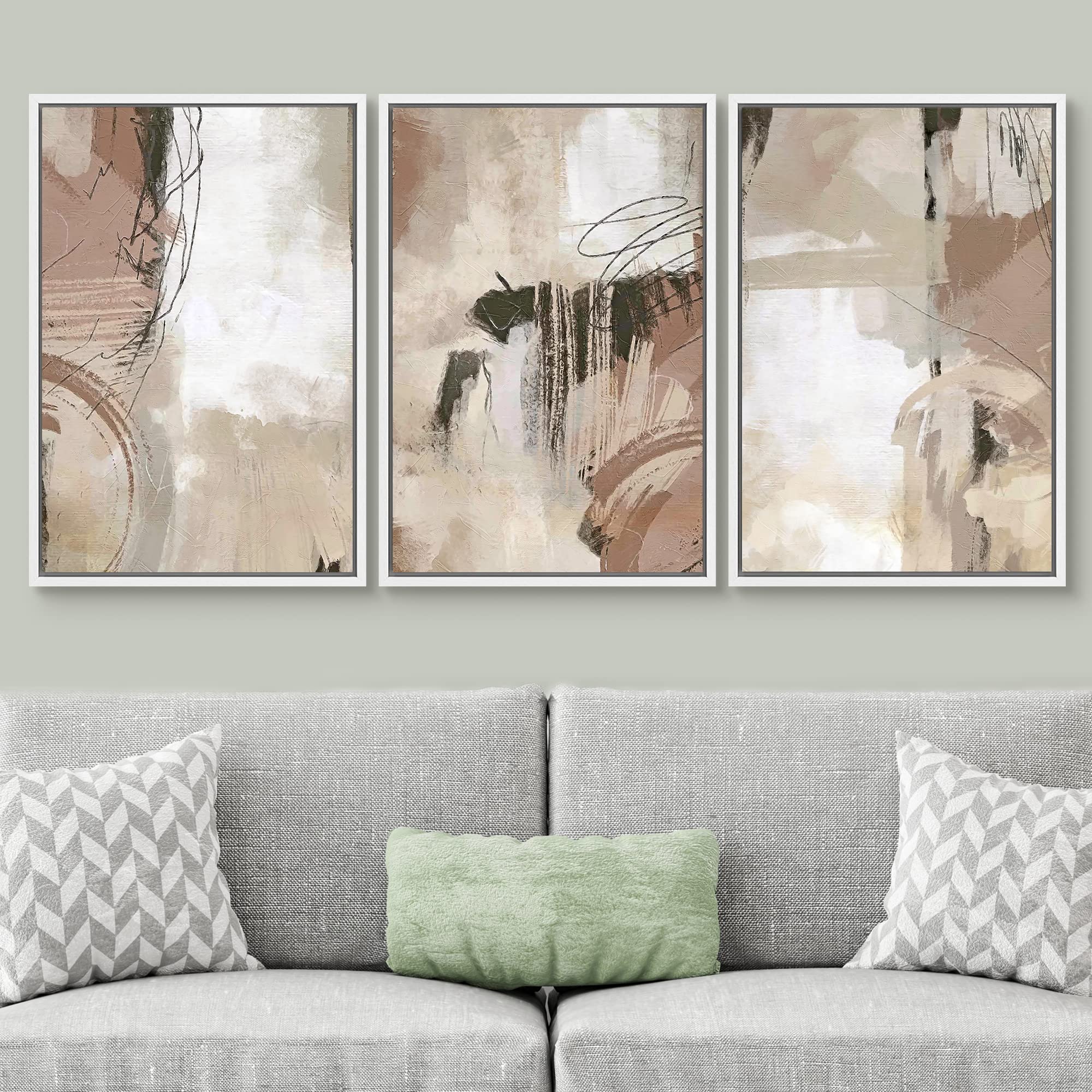 Signwin Framed Canvas Print Wall Art Set Brown Pastel Watercolor Paint Strokes Shapes Abstract Illustrations Modern Art Decorati