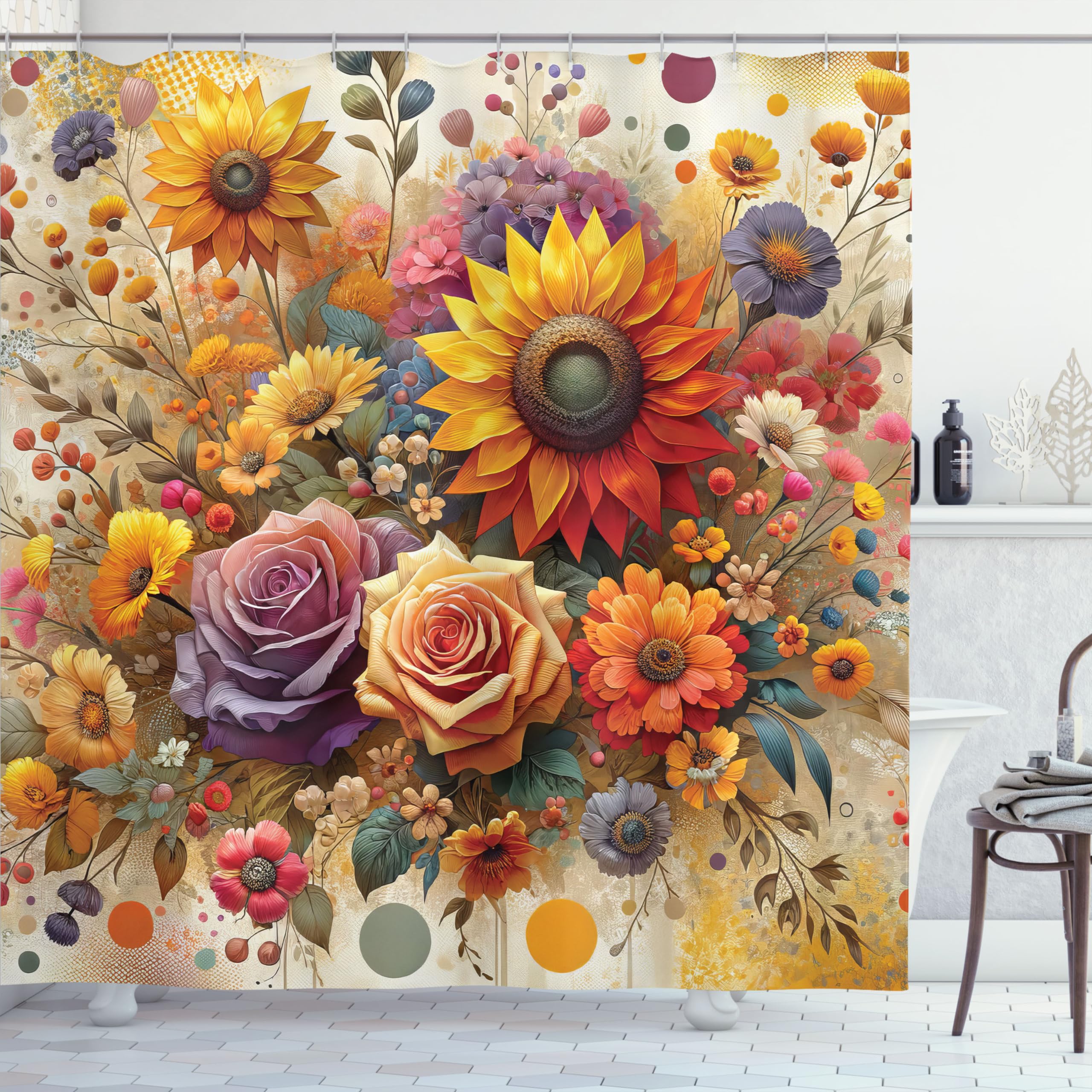 Ambesonne Colorful Shower Curtain, Spring Happiness Of Farmhouse Concept Art Sunflower And Rose Huddles, Cloth Fabric Bathroom D