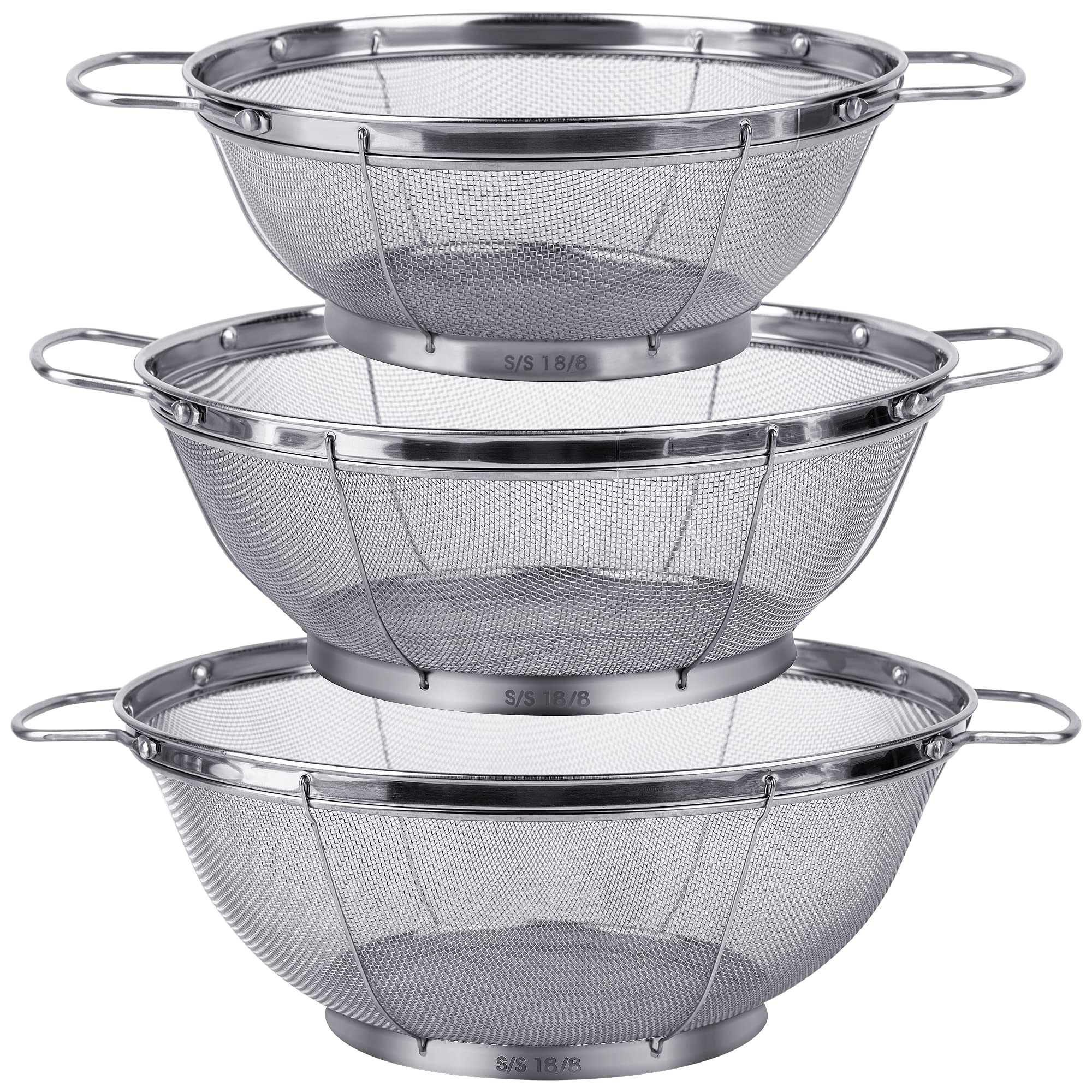 3 Pack 18/8 Stainless Steel Colander Sieves(5-Quart, 4-Quart And 3-Quart), Mesh Strainer Net Baskets With Handles & Resting Base