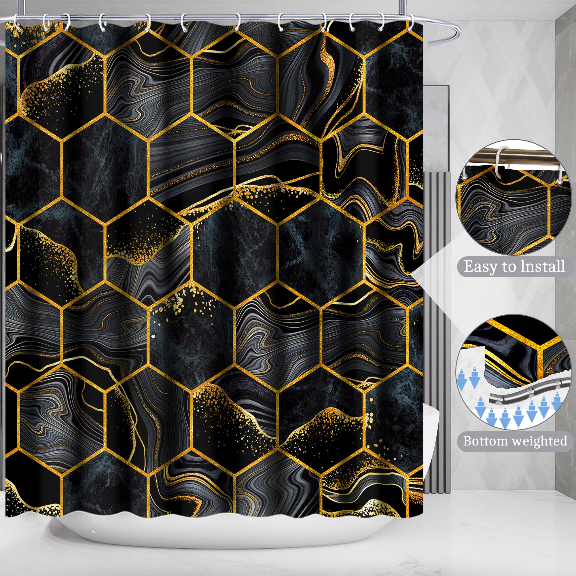 Poedist Shower Curtain Set with Non-Slip Rugs, Waterproof, 71"W x 71"L, Black, Polyester