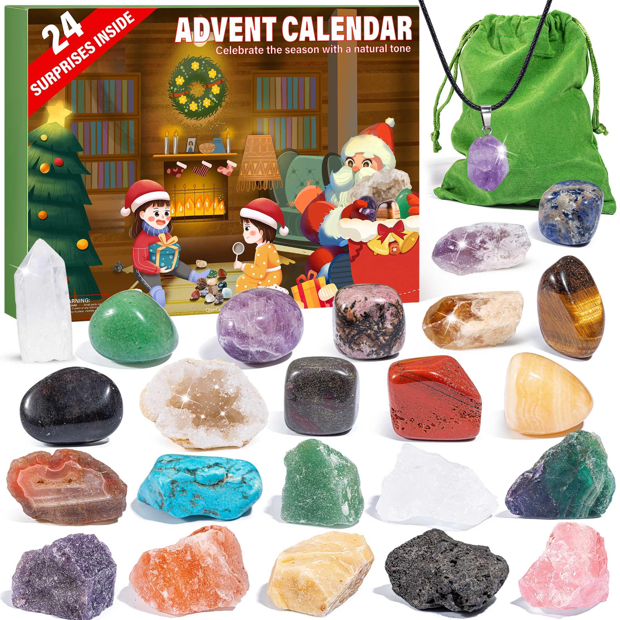 Advent Calendar 2024 Crystals for Kids with 24 Days Christmas Countdown Surprises, Natural Mineral & Rock Stone for Learning, Co