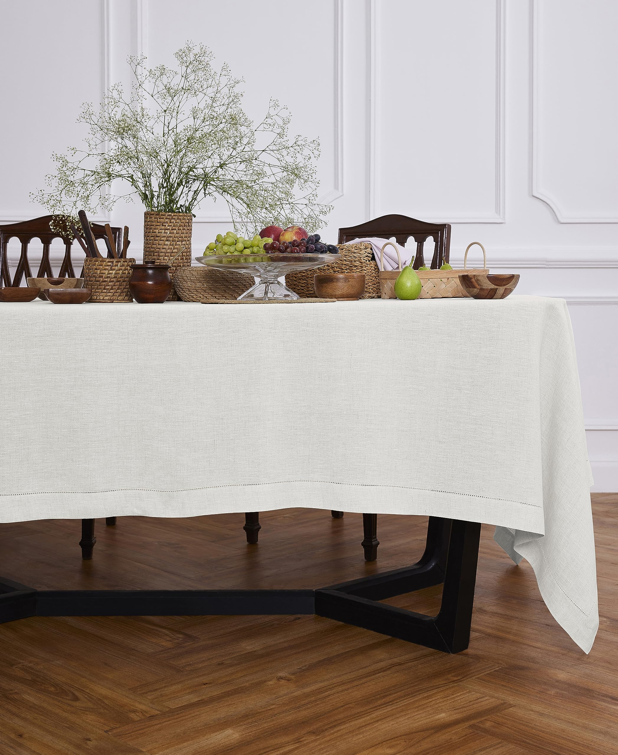 Solino Home Light Flax Linen Tablecloth 90'' L X 70'' W Inch - Sonoma Hemstitch 100% Pure Linen Prewashed Table Cloth For Rectan