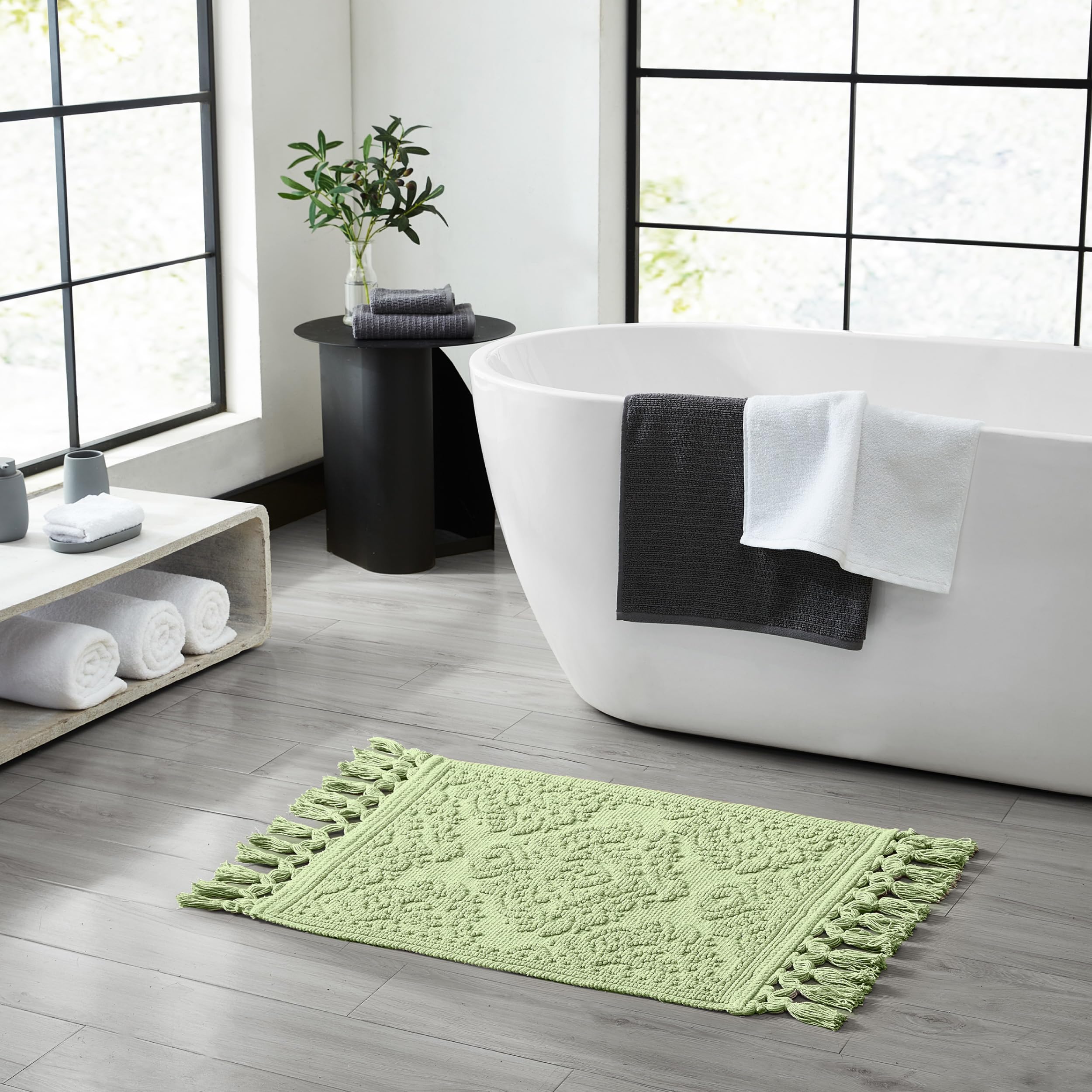 Jean Pierre - Ricardo Bath Mat, Woven Fringe Bathroom Rugs, 100% Cotton, Premium Bathroom Decor - Measures 21'' X 41'' - Sage Gr