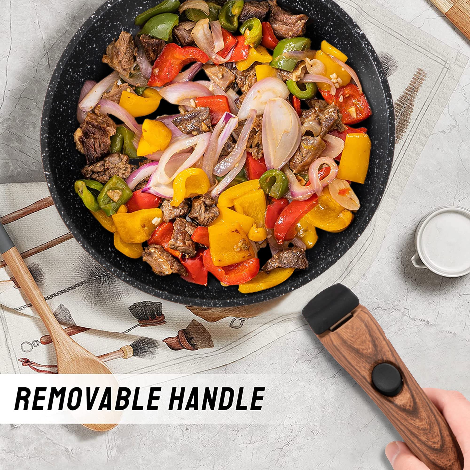 Kitchen Academy Detachable Handle Induction Cookware Sets - 10 Piece Non-stick Cooking Pots and Pans, Black Granite Stackable RV