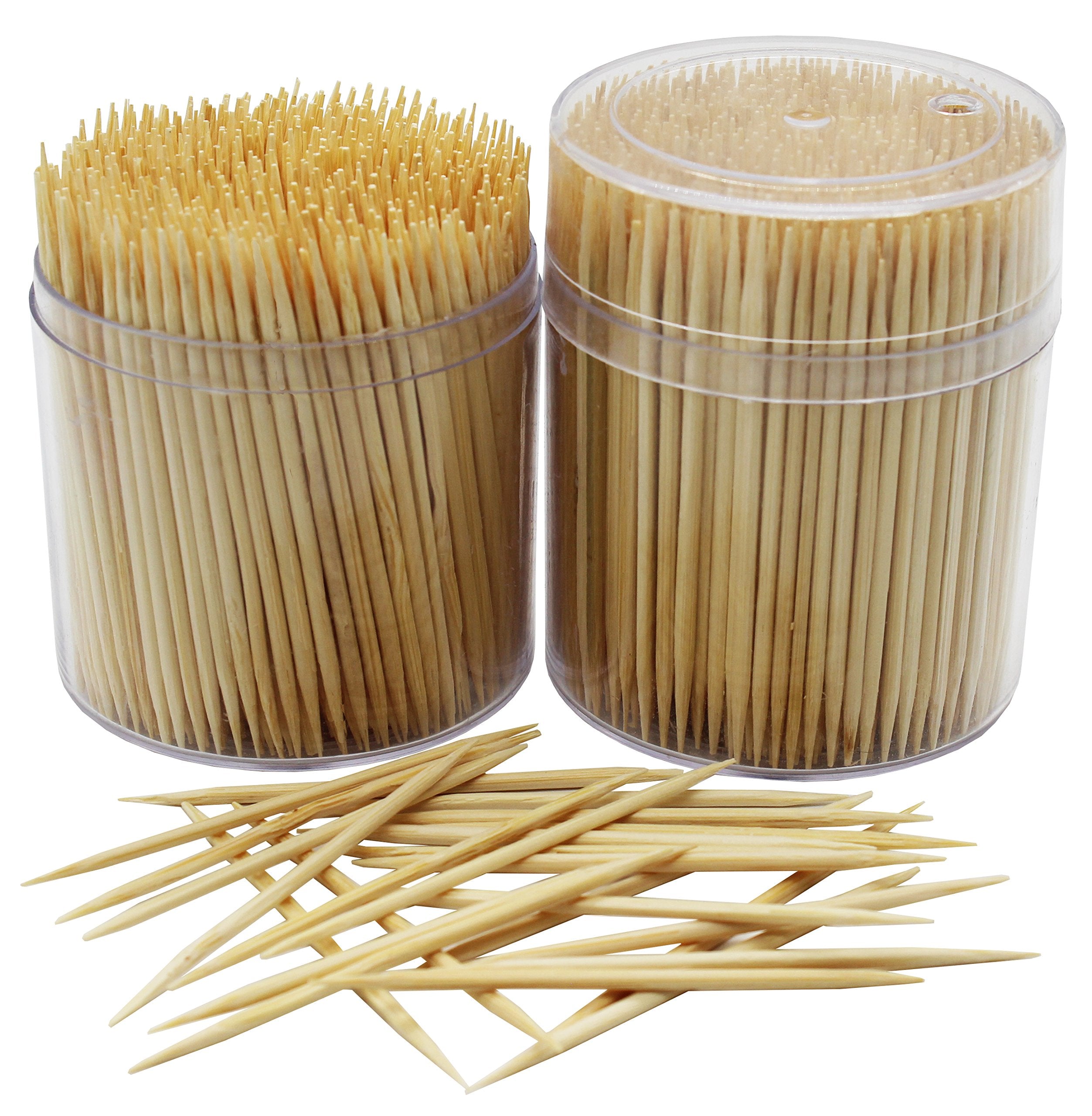 Montopack Bamboo Wooden Toothpicks 1000-Piece Large Wood Round Toothpicks In Clear Plastic Storage Box  Sturdy Safe Double Sided