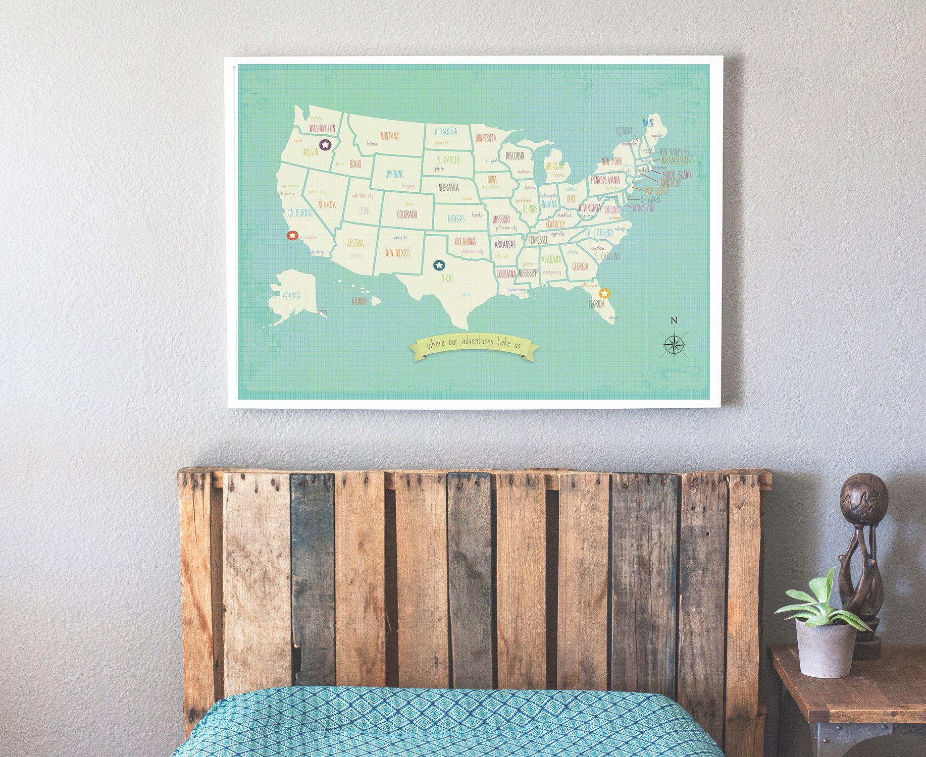 My Travels Personalized Usa Map, 24 X 18 Wall Art Print Poster, Bohemian Boho Nordic Style For Children Kids Toddlers Baby Newbo