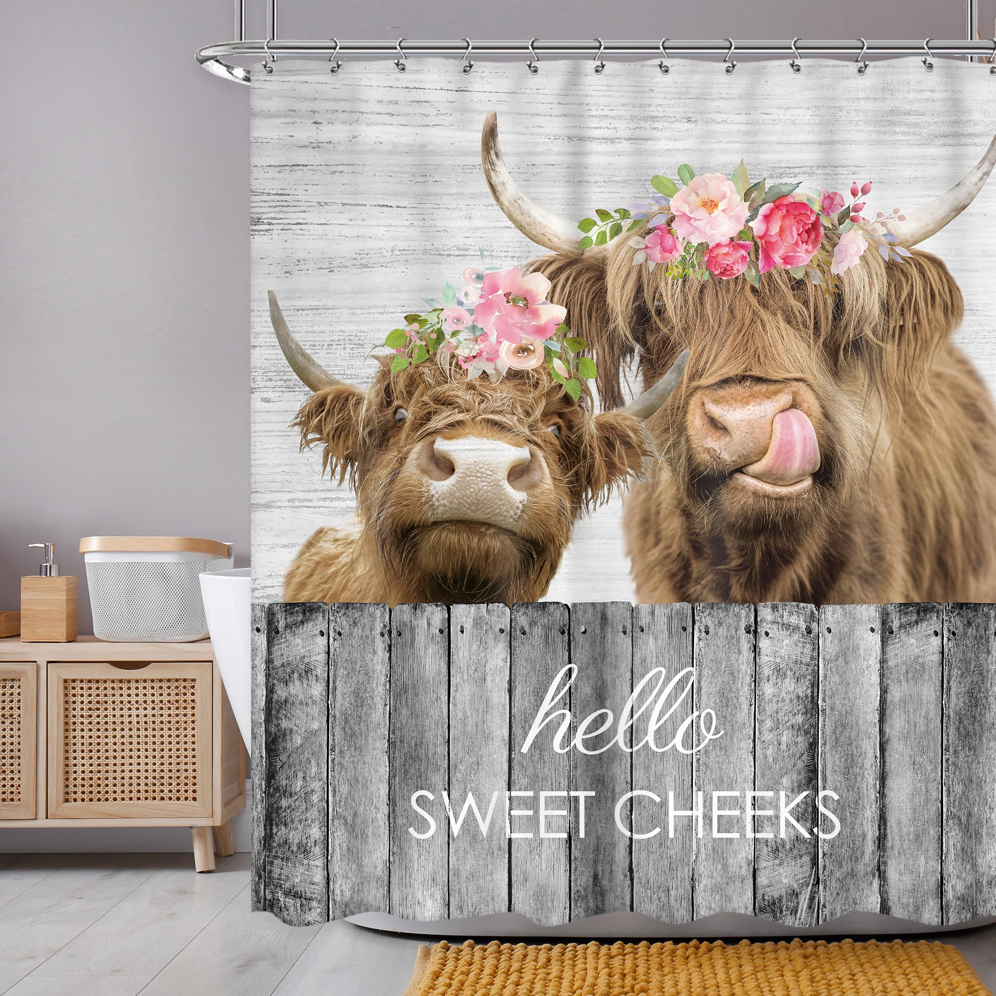 Newsely Farmhouse Highland Cow Shower Curtain 60Wx72H Inch Rustic Bull Western Funny Animal Floral Wood Board Shower Curtain Bat