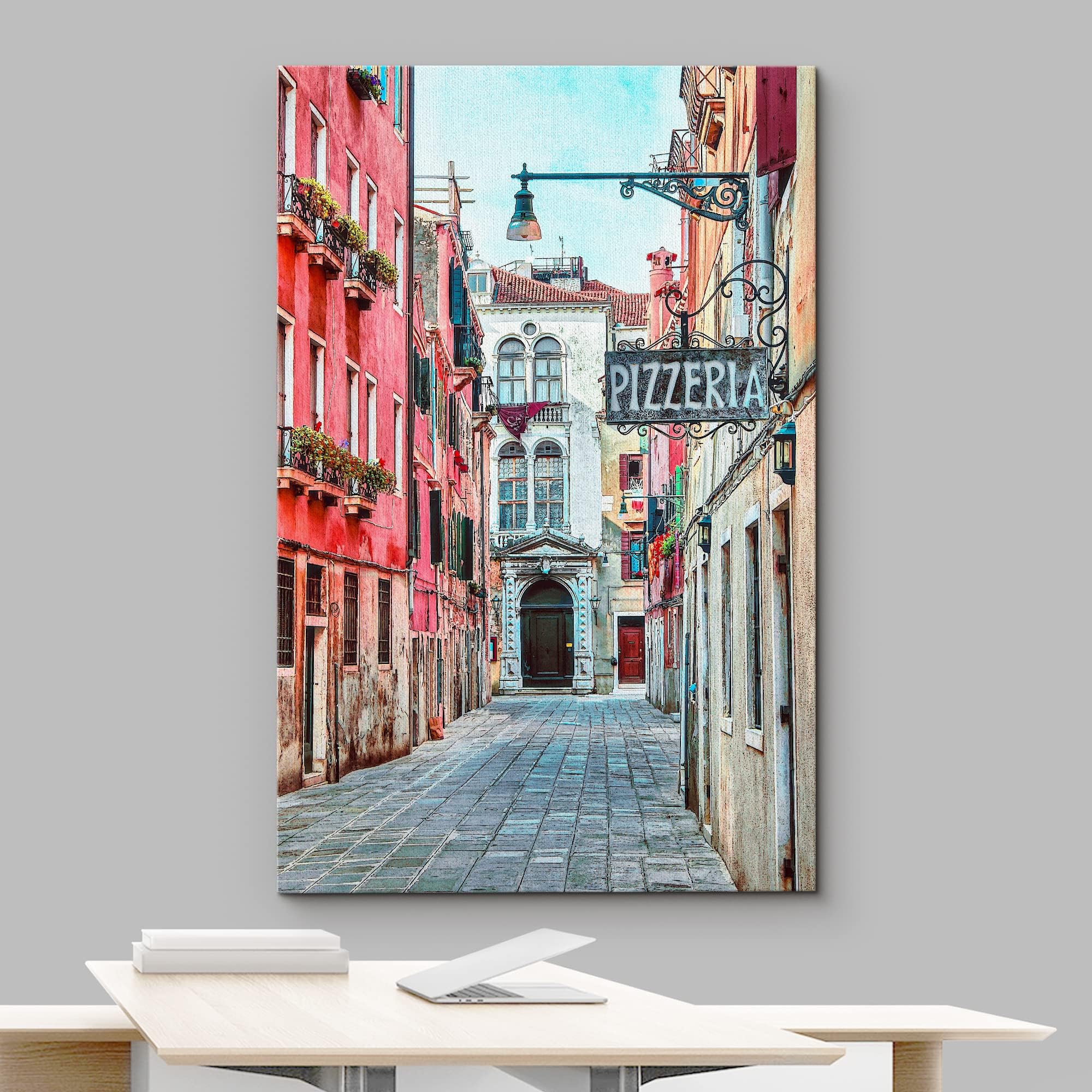 Wall26 Canvas Wall Art Quaint Street In Historic Venice, Italy With Pizzeria Sign - Gallery Wrap Modern Home Art | Ready To Hang