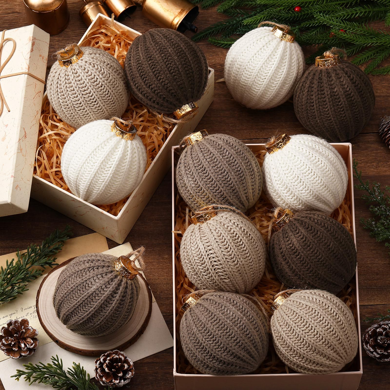 VioraWhite 12 Pcs Neutral Christmas Ornaments, 3.15 Inch Brown Crochet Christmas Balls Modern Rustic Handmade Knitted Woven Cott