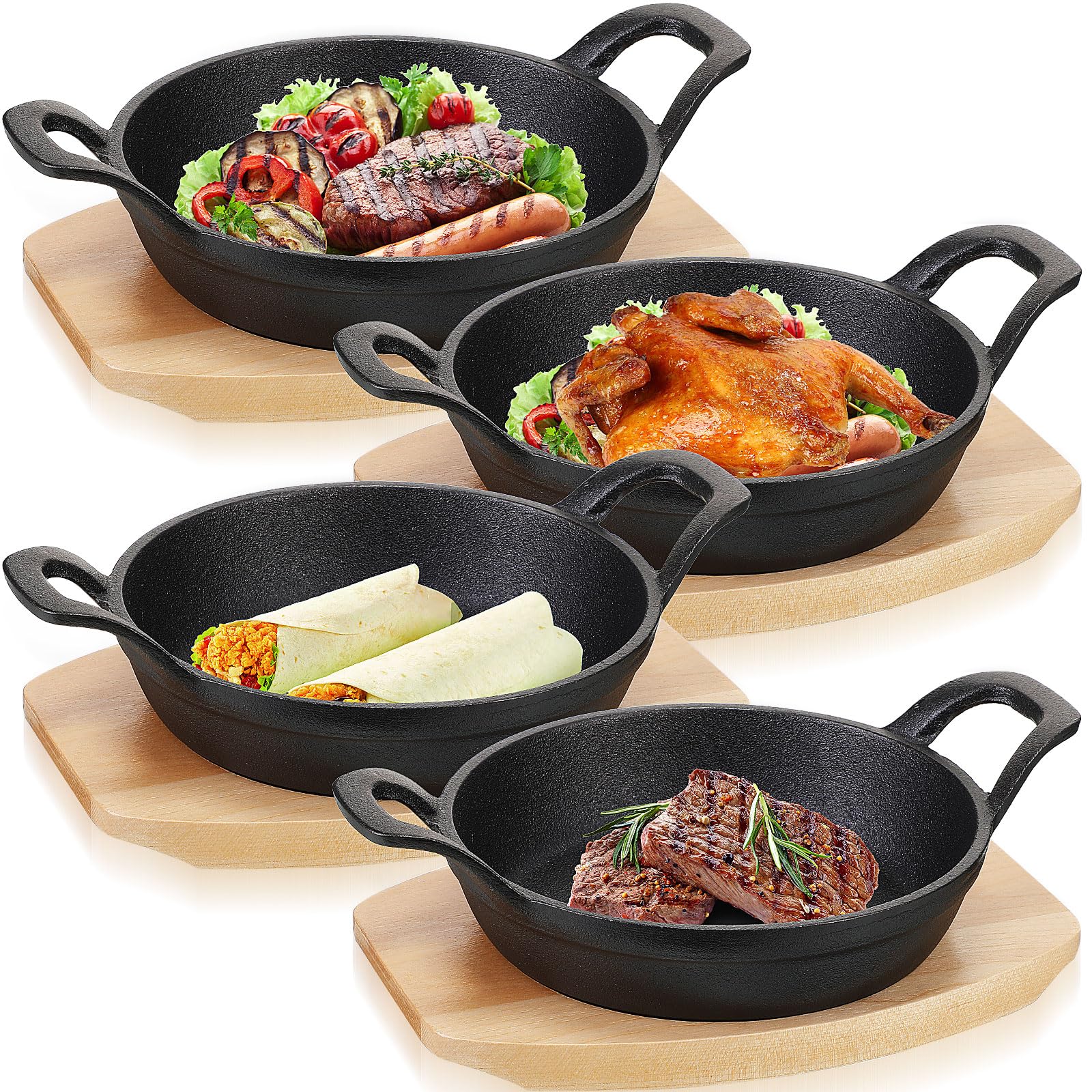 Sliner 4 Sets Mini Cast Iron Skillet with Wood Base Round, 7.1 Inches