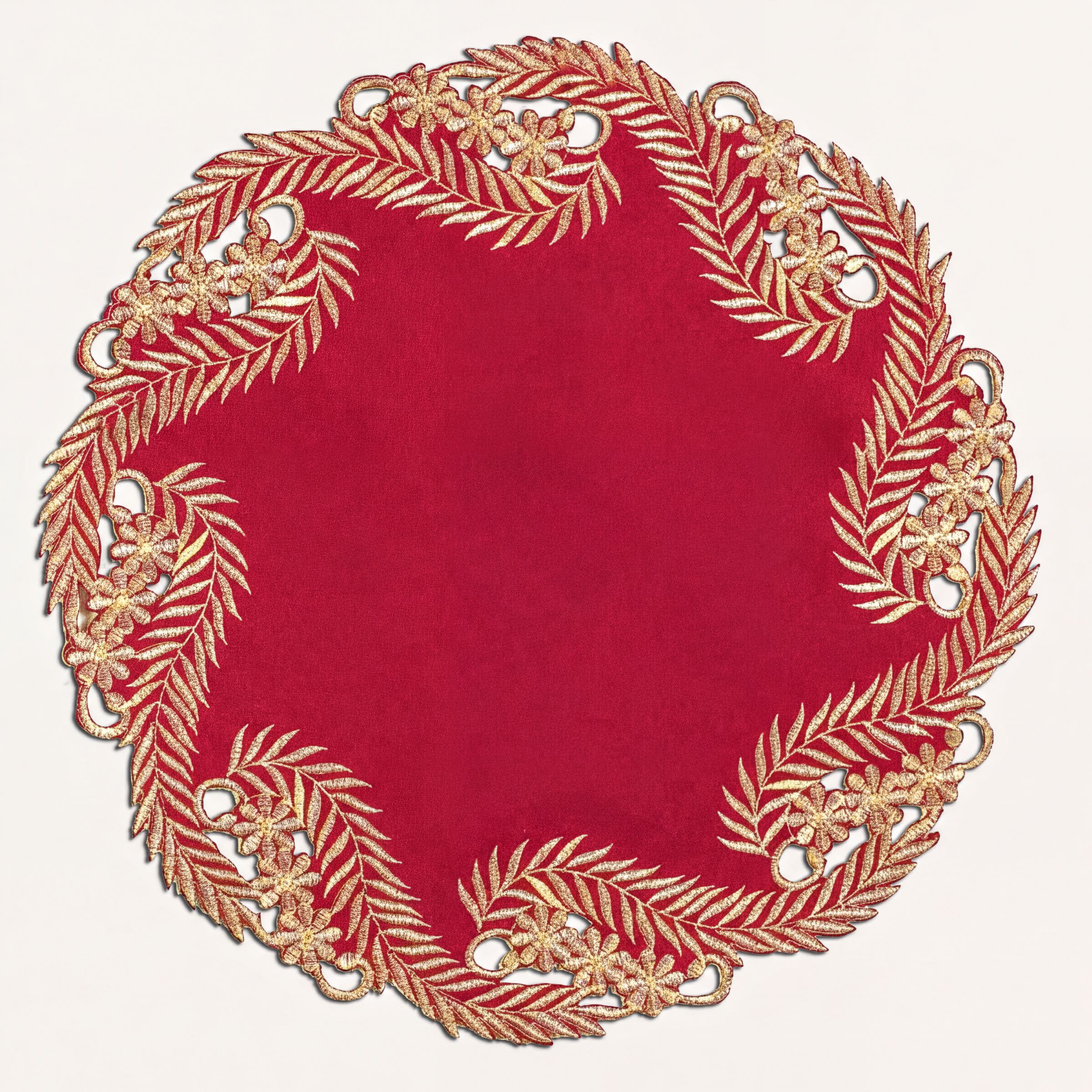 Burgundy Gold Doilies – Rustic Table Doilies | Embroidered Polyester Table Decor 15 Inch