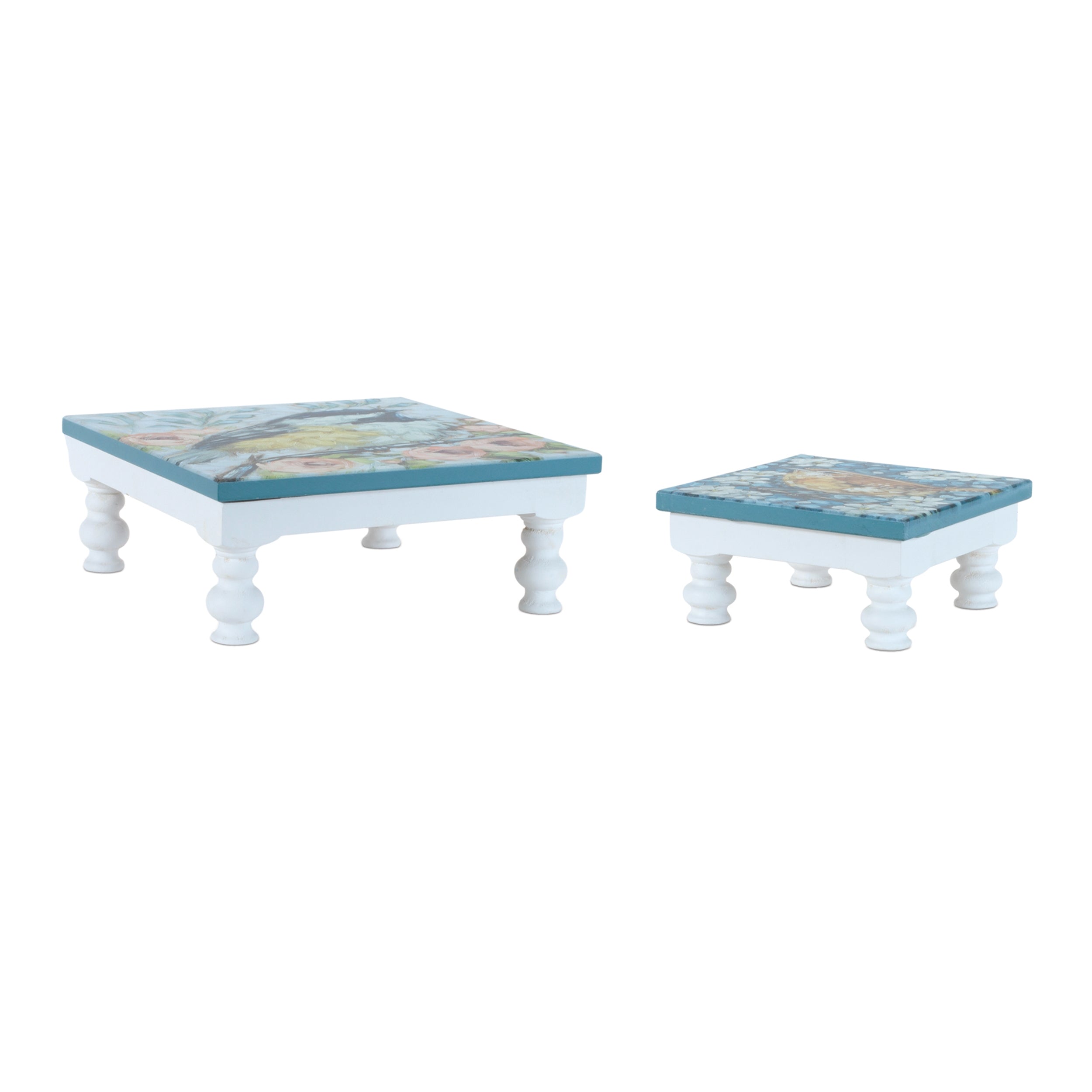 Bird and Floral Pedestal (Set of 2) 8SQ x 3.75H, 11.75SQ x 4.5H Wood/MDF