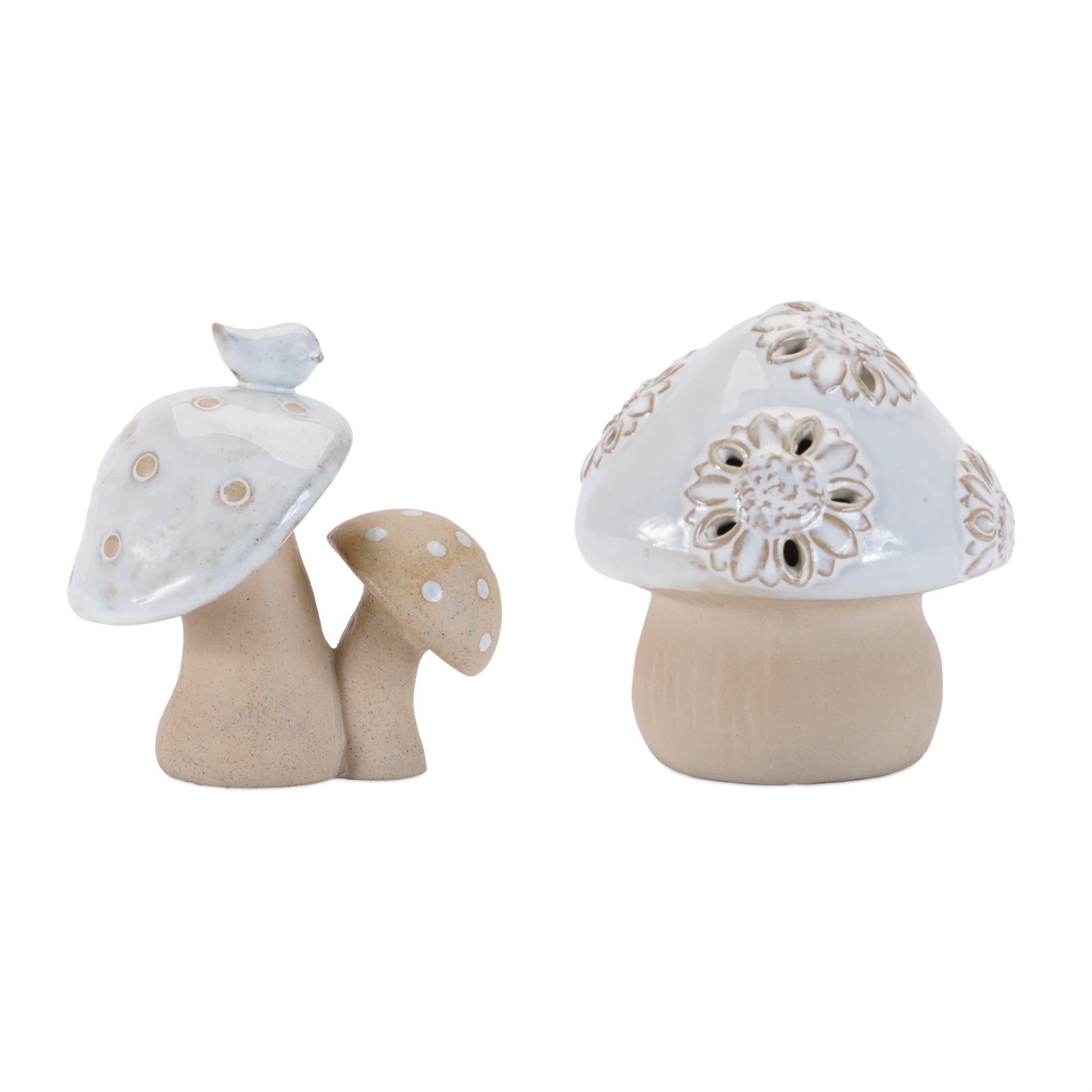 Double Mushroom w/Bird and Mushroom (Set of 6) 4.5H Porcelain