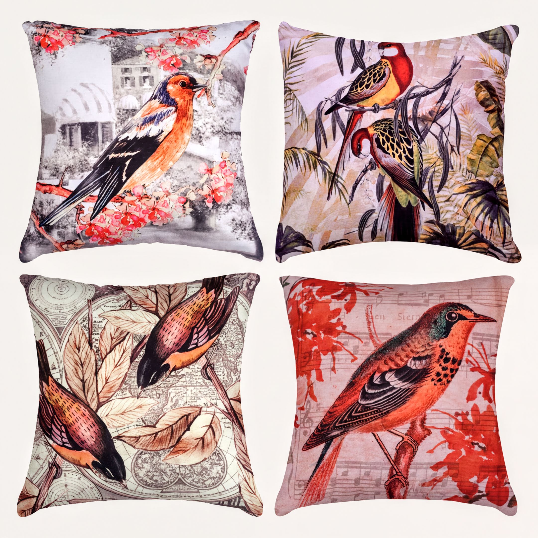 Birds Throw Pillow Covers - Set of 4 Decorative Printed Cushion Covers