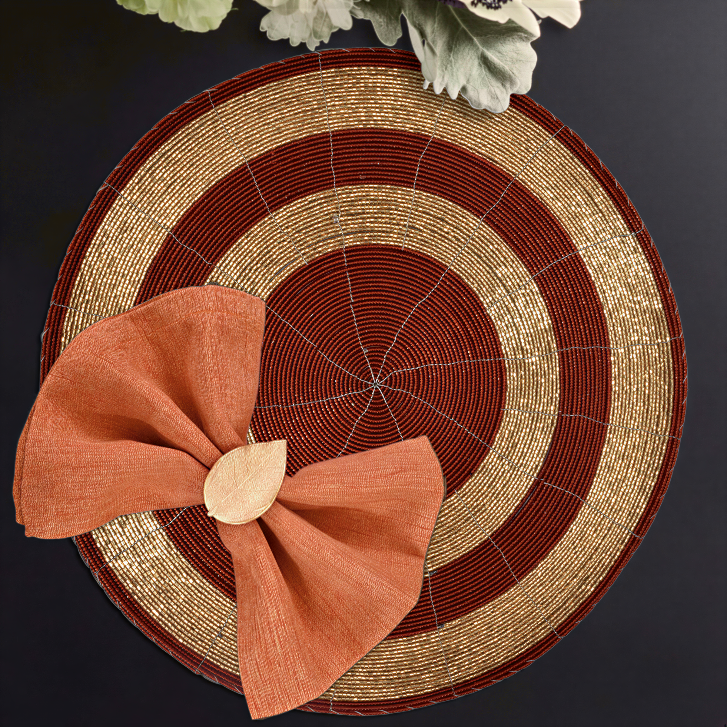 Beaded Placemats – Round Handmade Table Decor with Embroidered Beads, 14 Inch