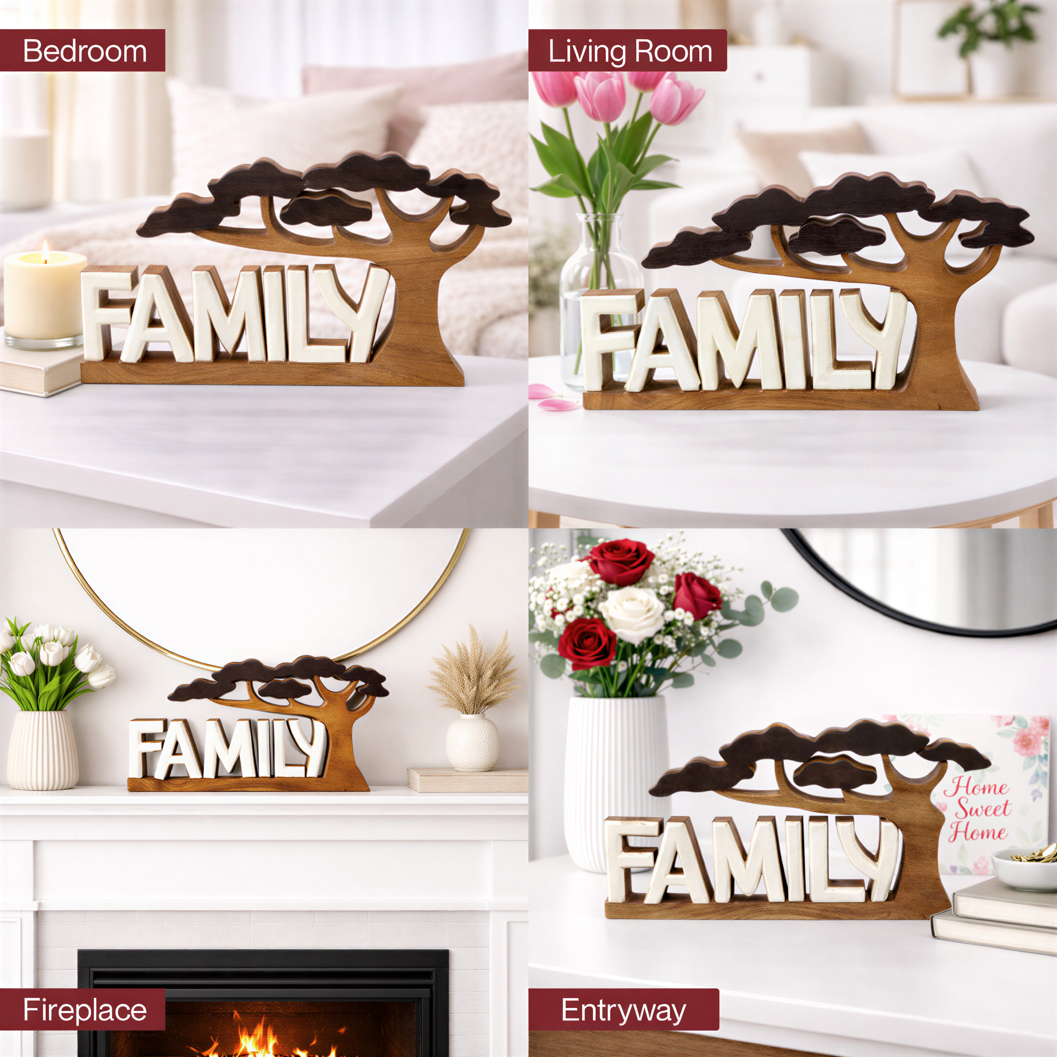 Wooden Family Sculpture – Handmade Acacia Wood Decorative Plaque Gift