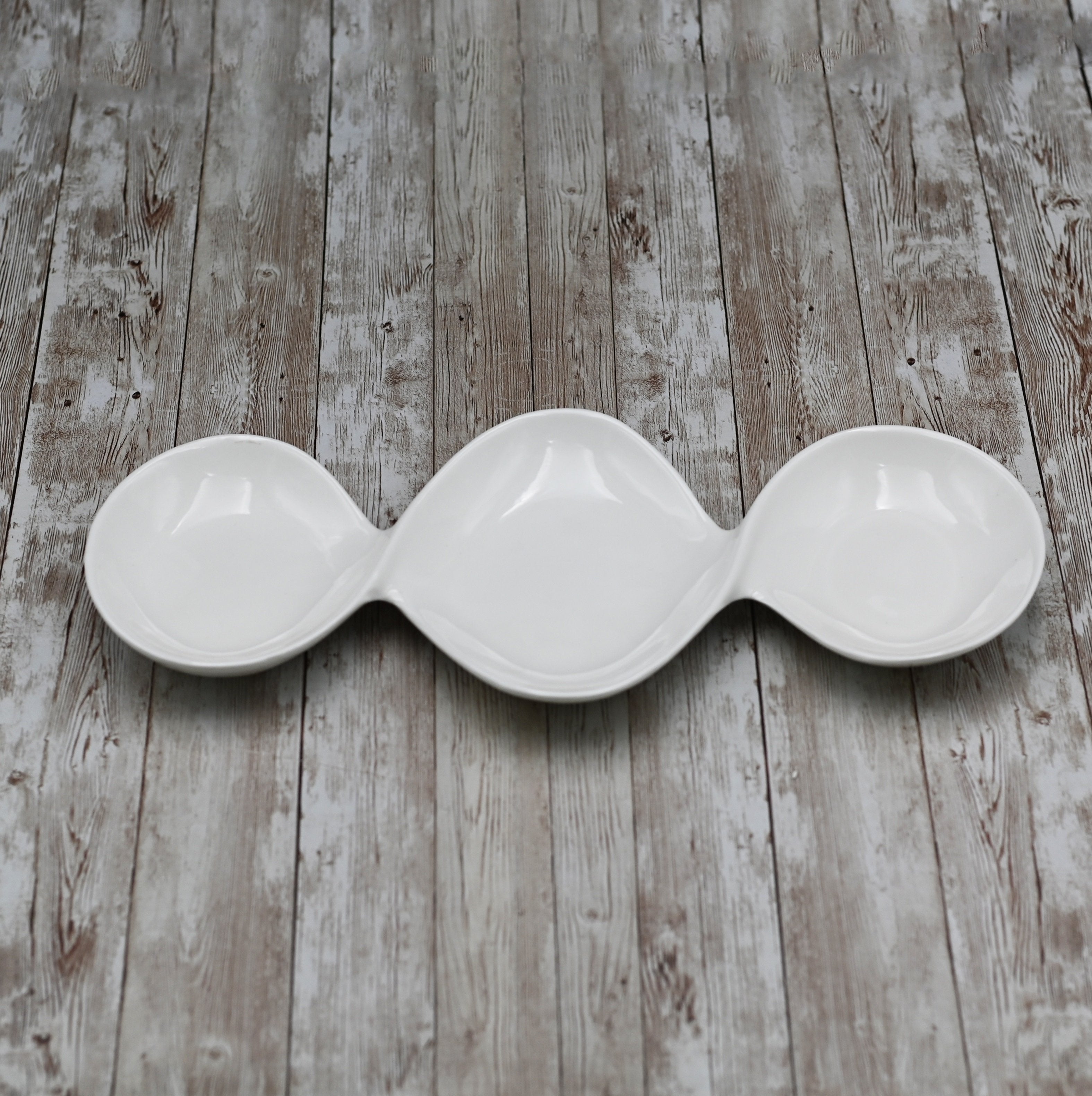 Set Of 3 White Divided Sauce Dish 14.5" inch | 37 Cm
