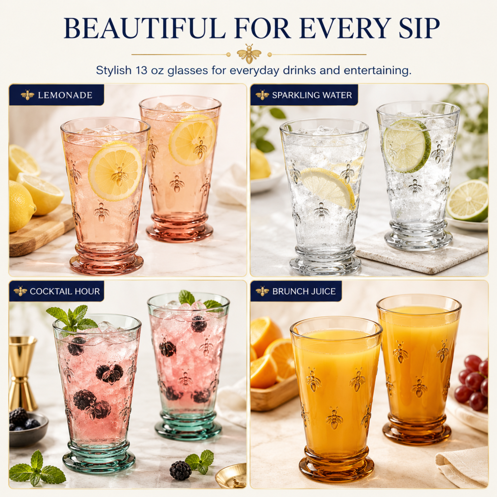 Tonal Highball Bee Glassware, Set of 6