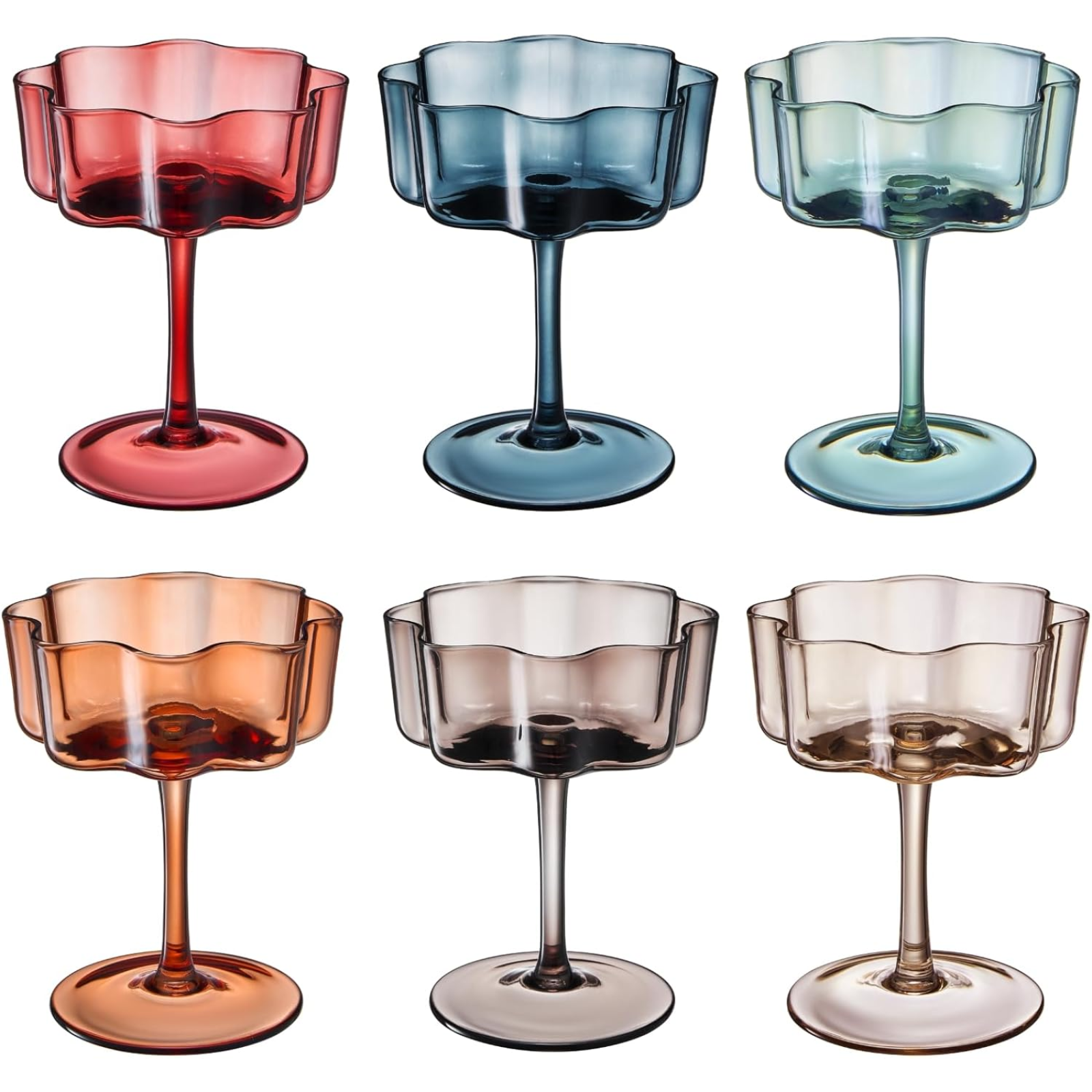 Flower Wave Coupe Cocktail Colored Glasses | Set of 6 | Muted Colors
