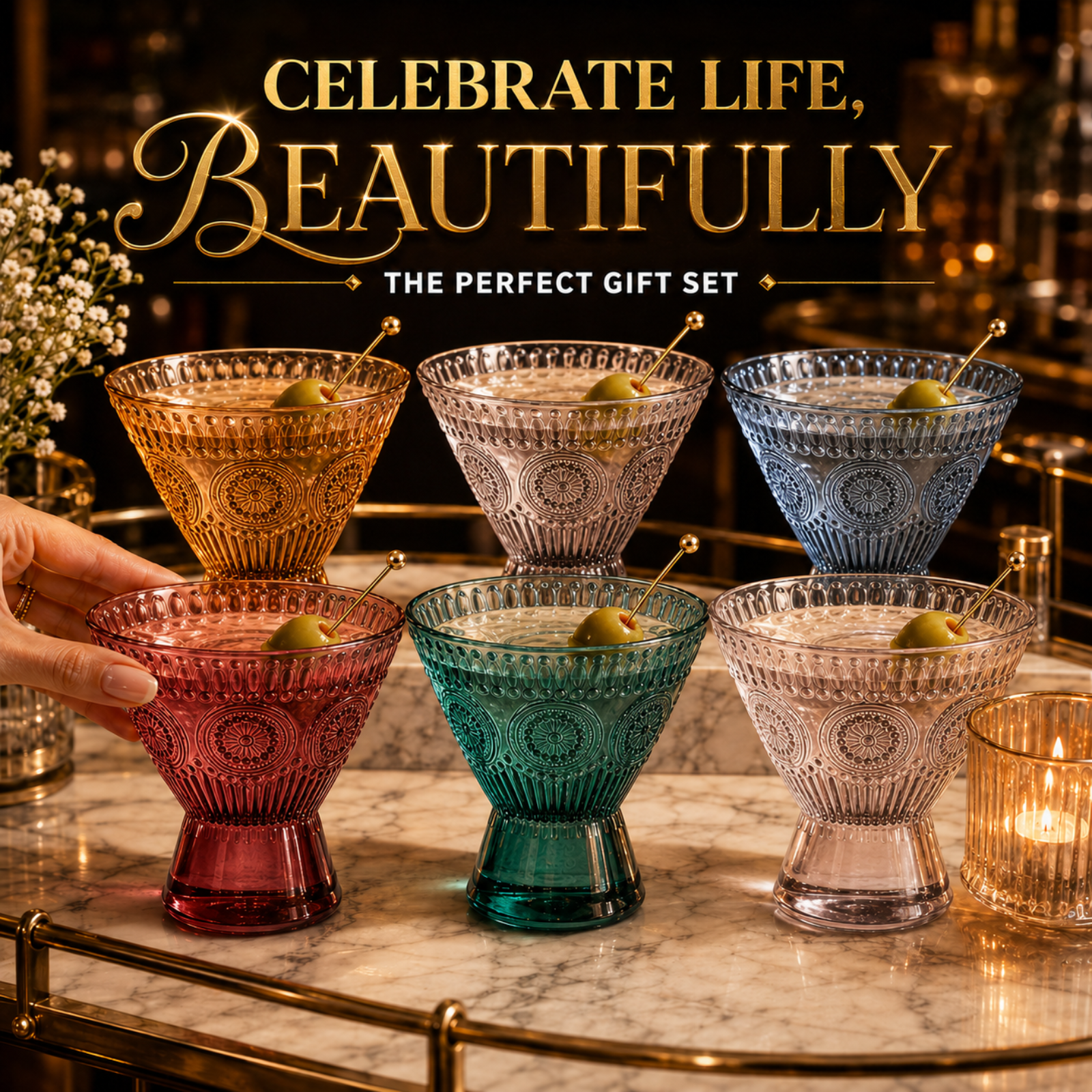 Tonal Hobnail Martini Glassware, Set of 6