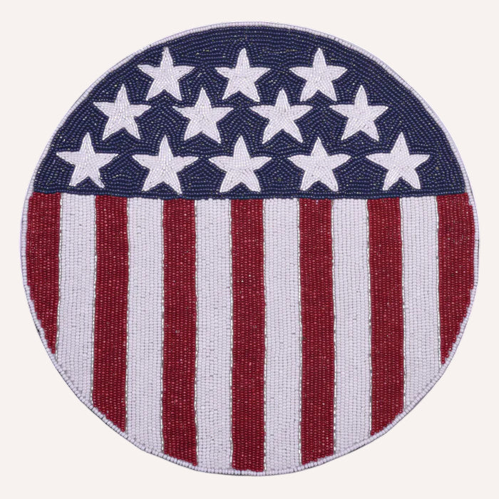 Patriotic Beaded Placemat - Round USA Flag Table Placemat with Embroidered Beadwork