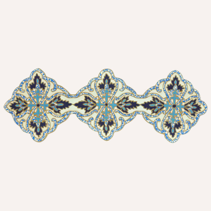 Beaded Table Runner - Blue White 36" x 13" | Embroidered Satin Fabric Backing