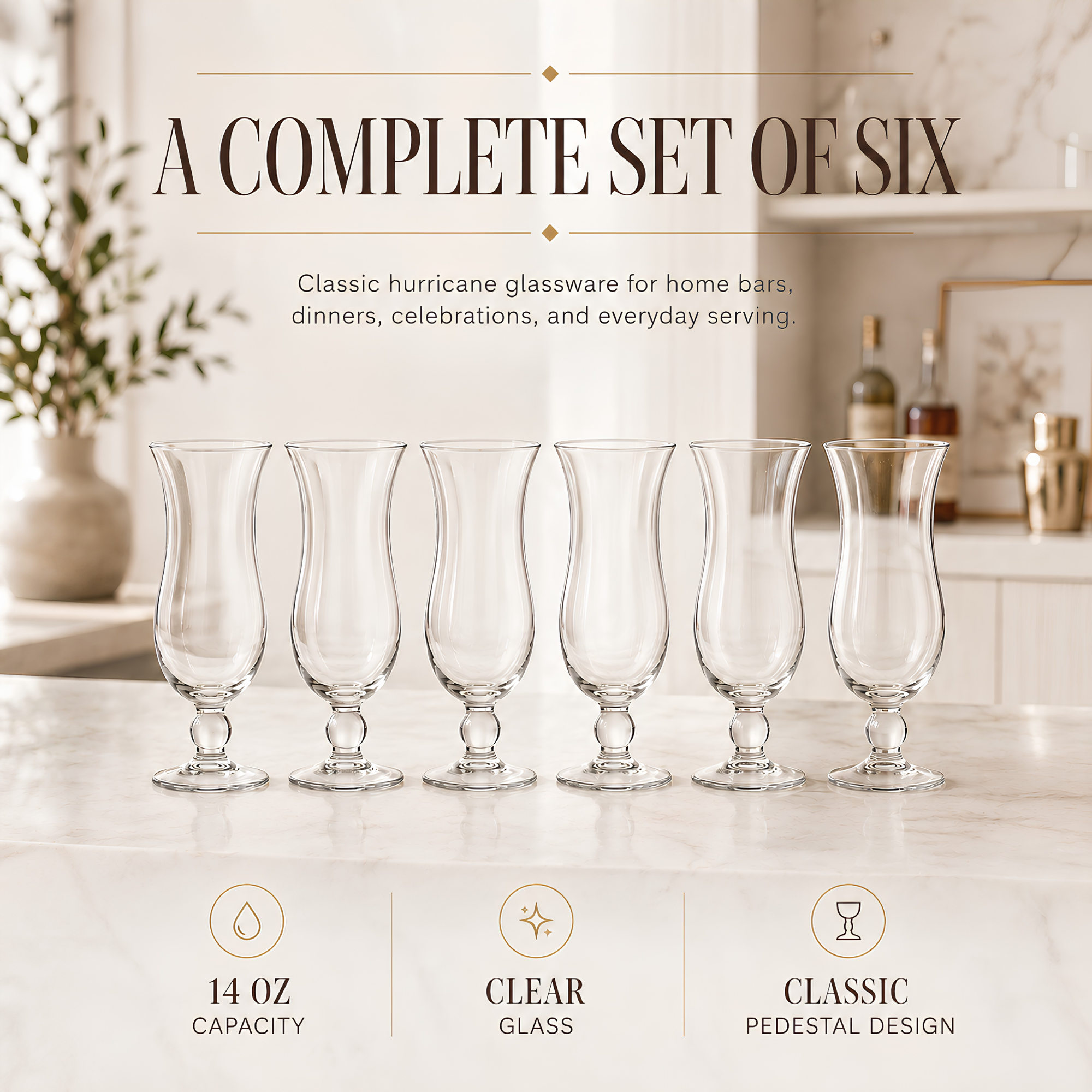 Hurricane Glassware Set of 6, Clear Glass Drinkware