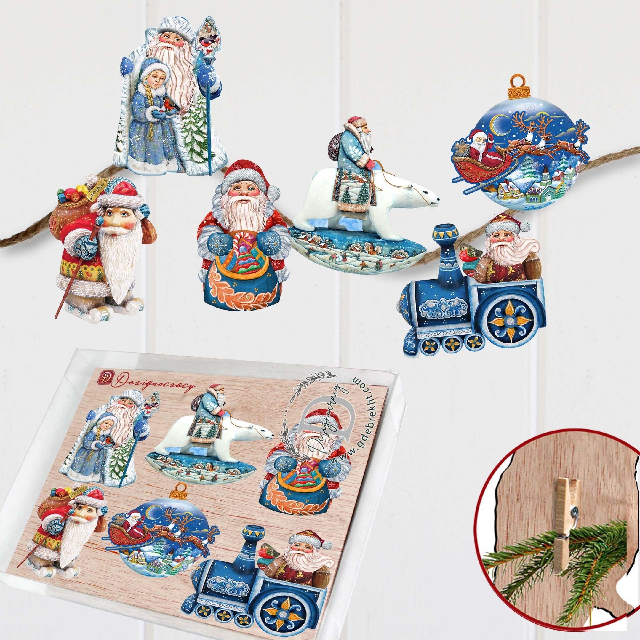 Up-Up and Away Clip-On Eco Wood Decorative Ornaments Set of 6 by G. Debrekht - Christmas Decor - 8090132C-S6