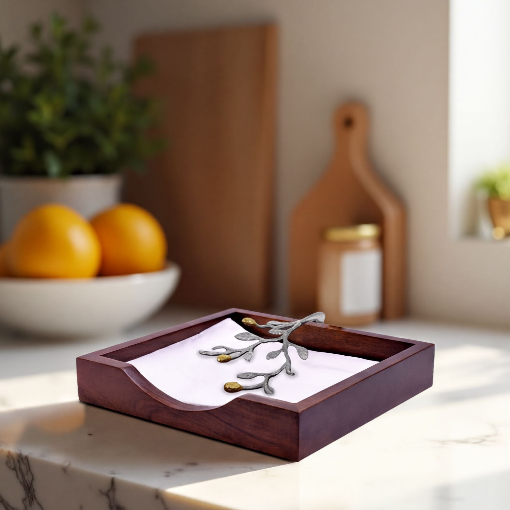 Wood Napkin Holder – Decorative Wooden Kitchen Napkin Holder with Silver Gold Finish