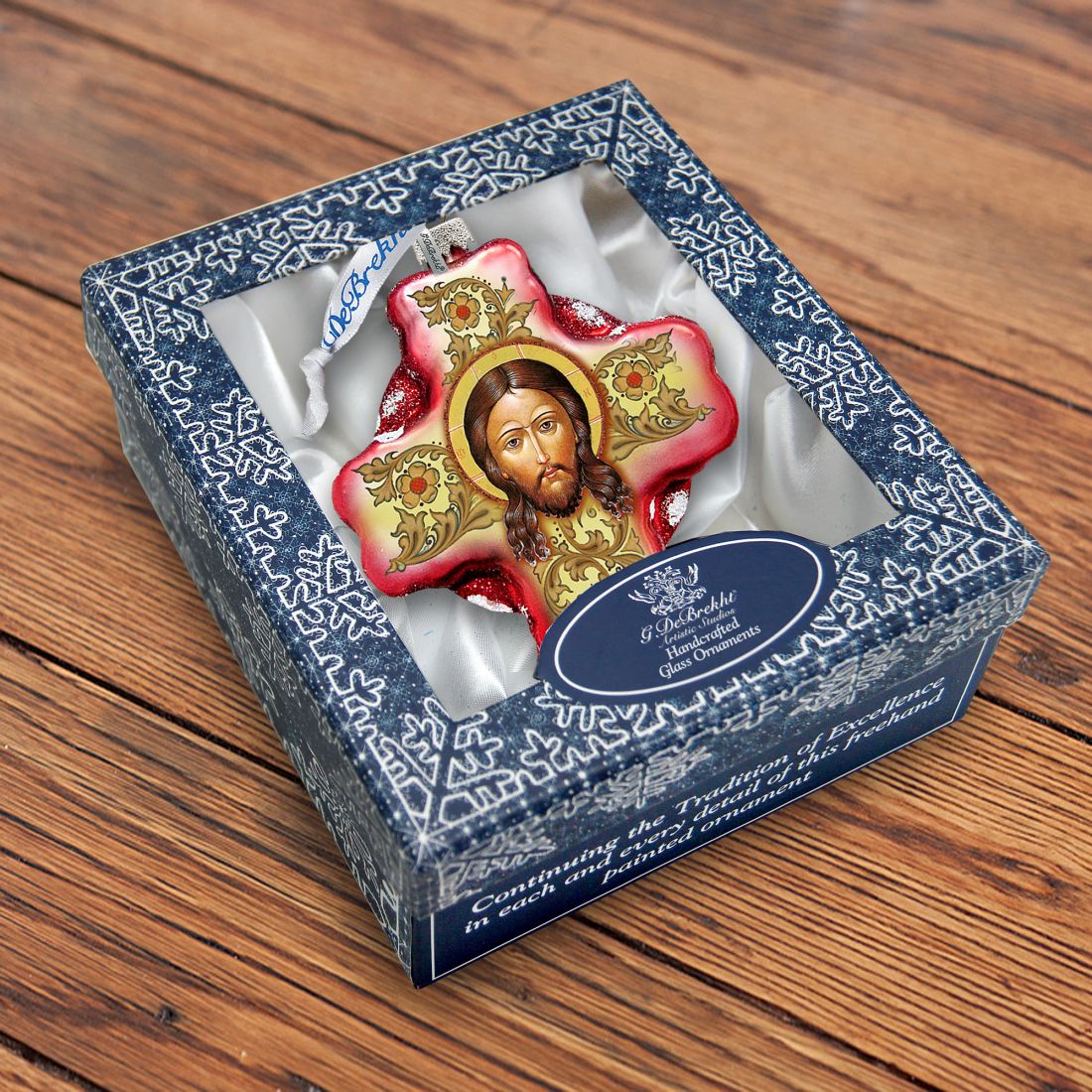 Jesus Face Cross Glass Ornament by G. DeBrekht - Nativity Holiday Decor - 758-006