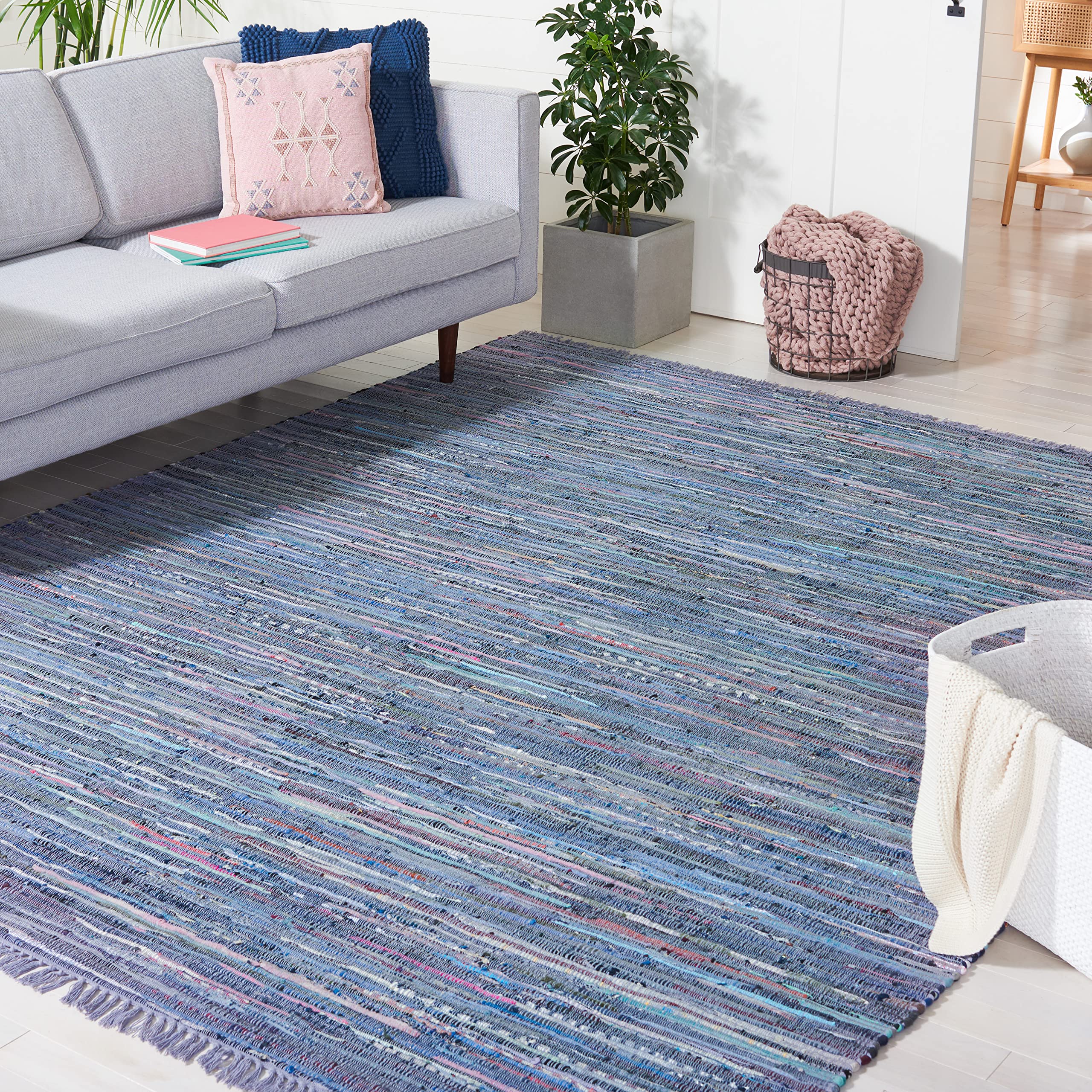 SAFAVIEH Rag Rug Collection Area Rug - 8 x 10, Purple & Multi, Handmade Boho Stripe Cotton, Ideal for High Traffic Areas in Li