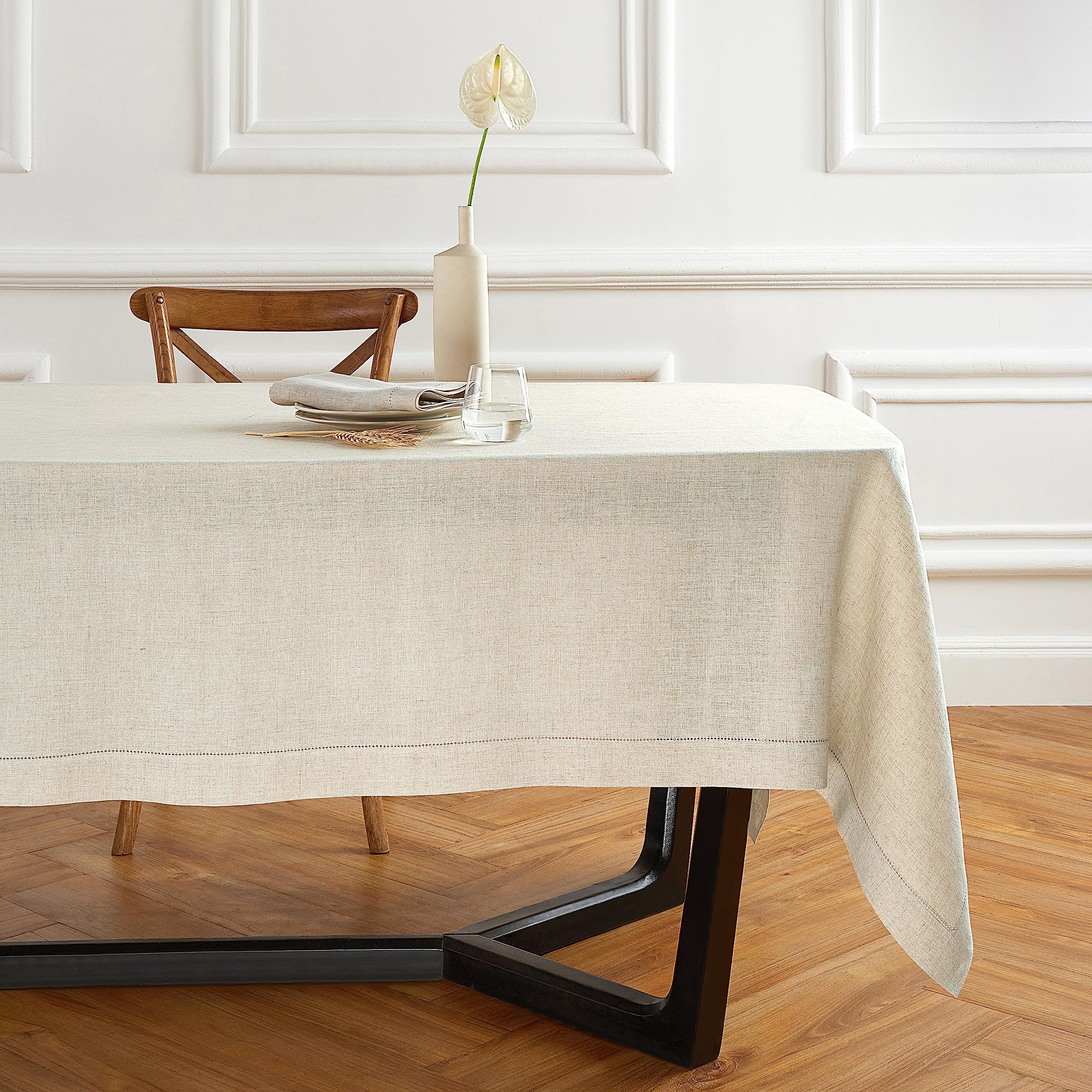 Solino Home Flax Linen Tablecloth 132'' L X 70'' W Inch - Sonoma Hemstitch 100% Pure Linen Prewashed Table Cloth For Rectangle T