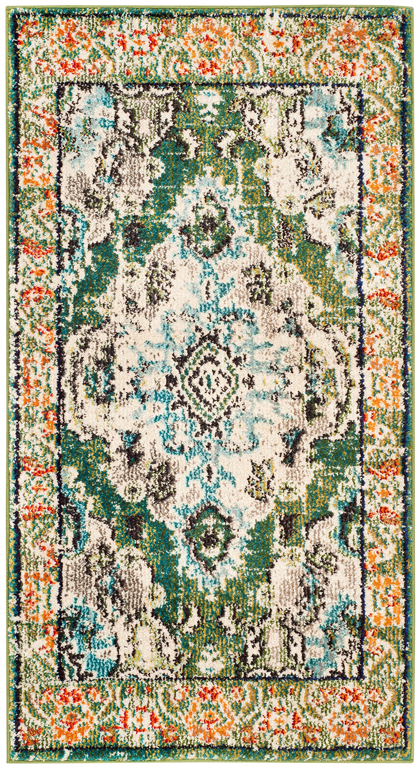 SAFAVIEH Monaco Collection Accent Rug - 22 x 4, Forest Green & Light Blue, Boho Medallion Design, Non-Shedding & Easy Care, Id