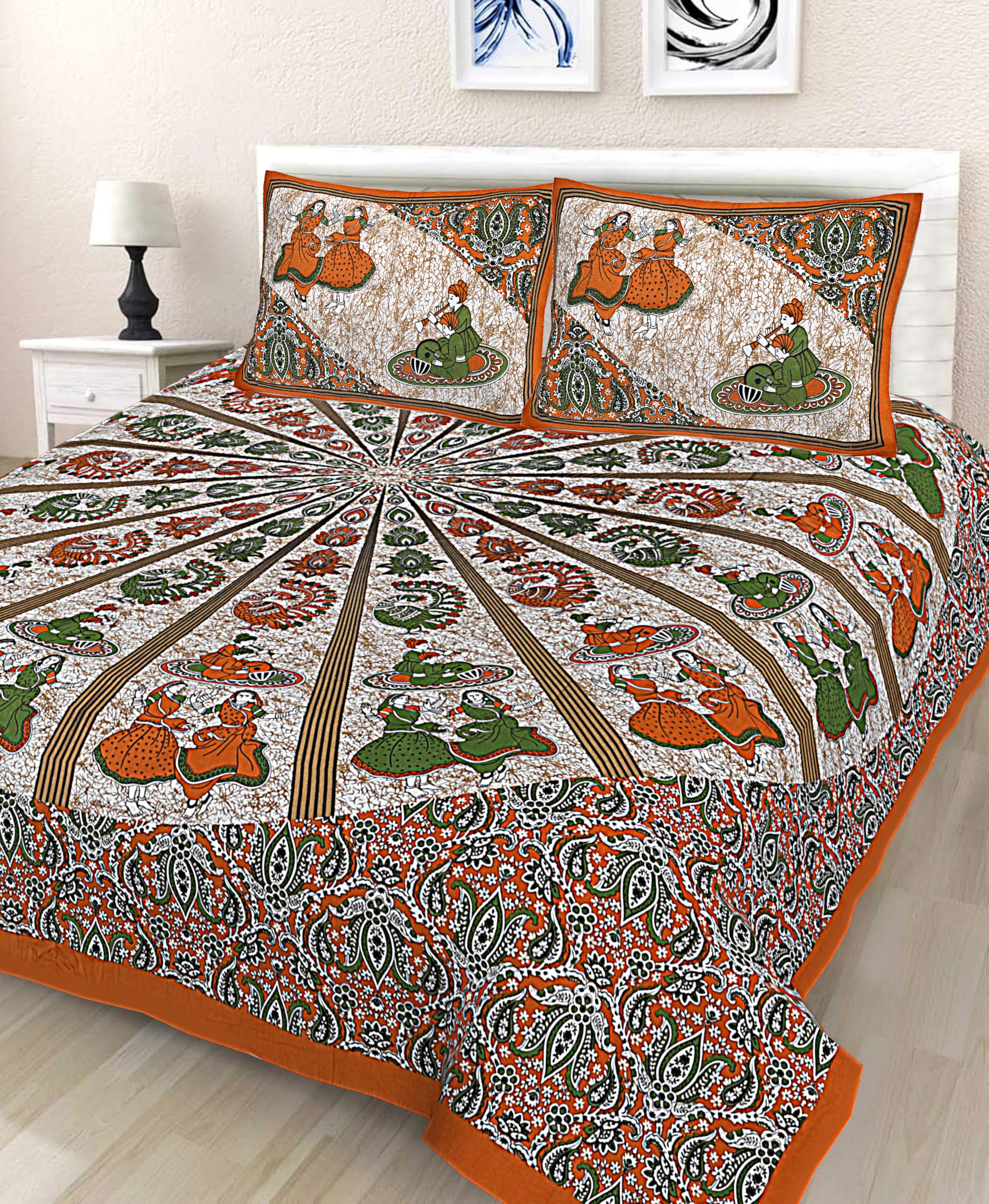 Traditional Mandala Print Bedding Set, King Size, Orange And Green Folk Art Design, 100% Cotton, 3 Piece With Pillowcases