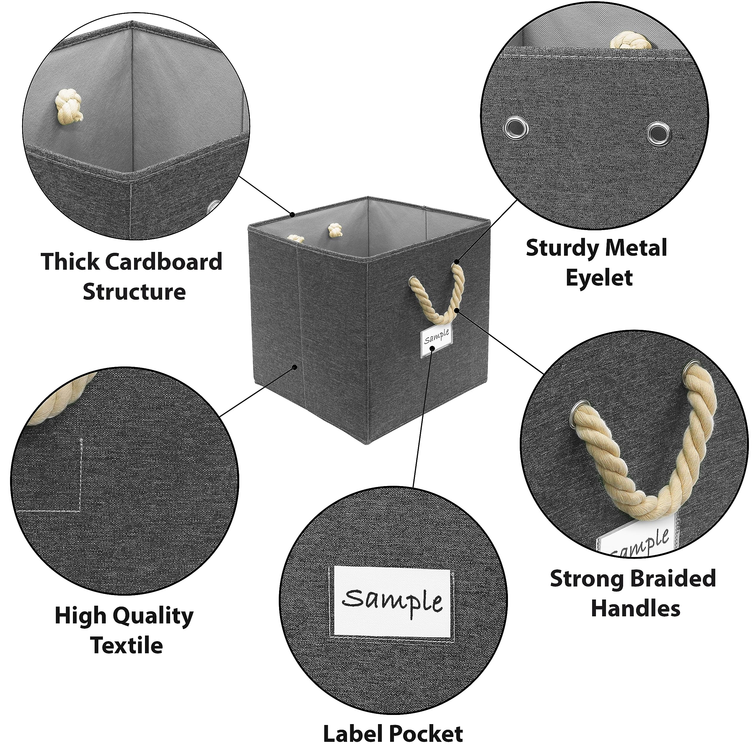 Simple Houseware 4 Pack Cube Storage Bin With Braided Handles, Dark Gray