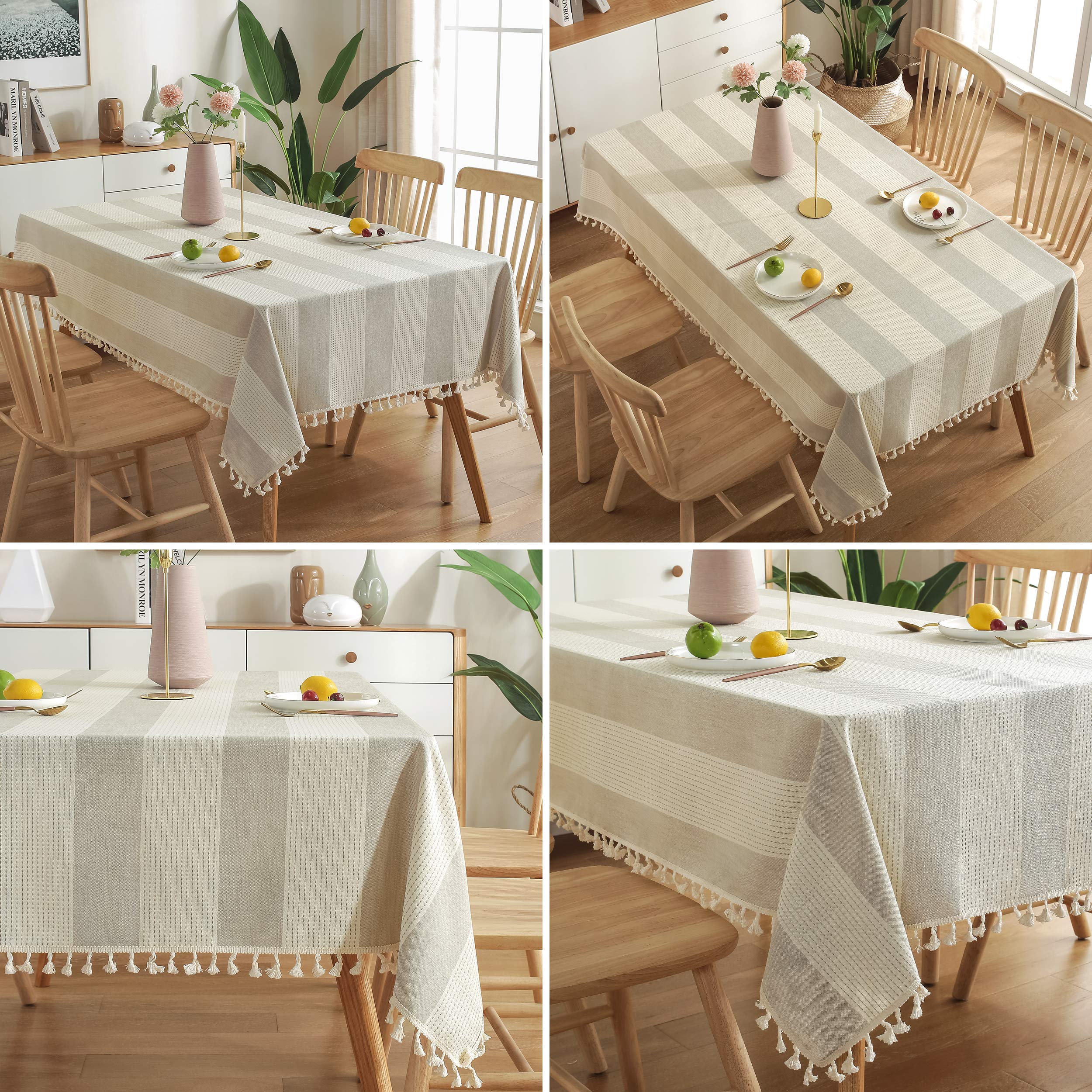 AmHoo Stitching Tassel Tablecloth Striped Table Cloth Rectangle Cotton Linen Dust-Proof Table Cover for Kitchen Dinning 54 x 86 Inch Beige