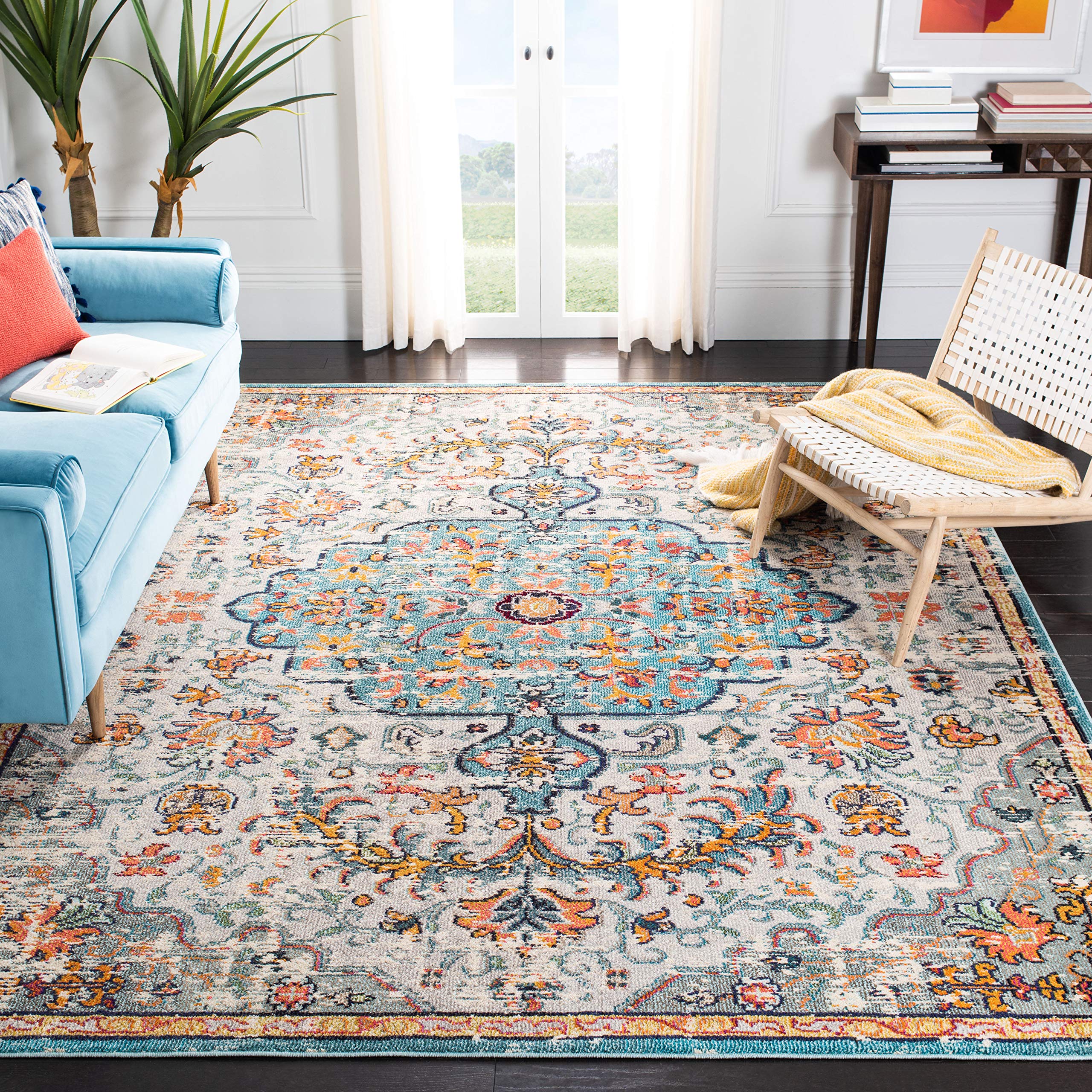 SAFAVIEH Madison Collection 9 Square Grey/Light Blue MAD447F Boho Chic Medallion Distressed Non-Shedding Living Room Bedroom Di
