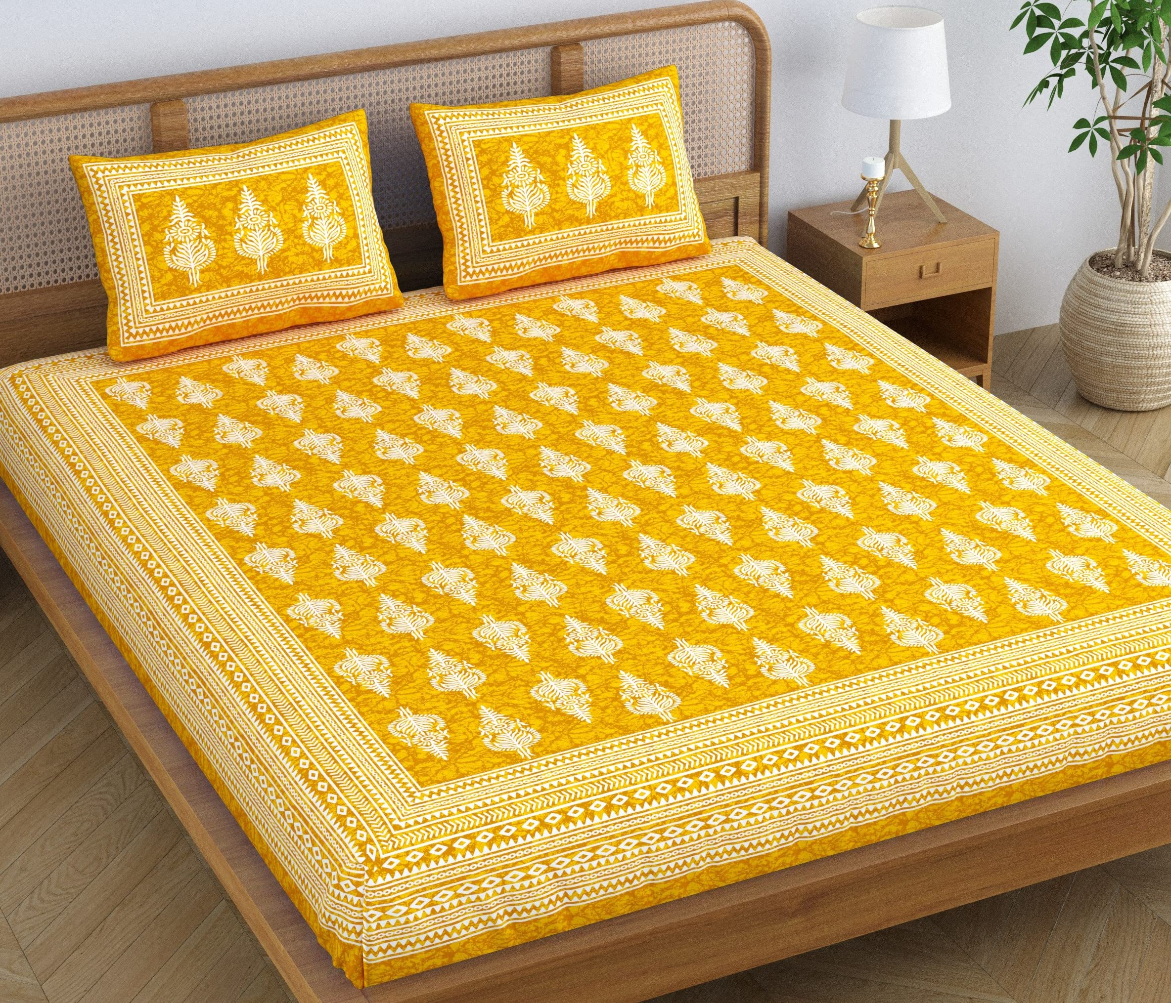 Sheetkart Motif Floral 144 Tc 100% Cotton Double Bedsheet Jaipuri Printed Bed Cover With 2 Pillow Covers - Summer Yellow