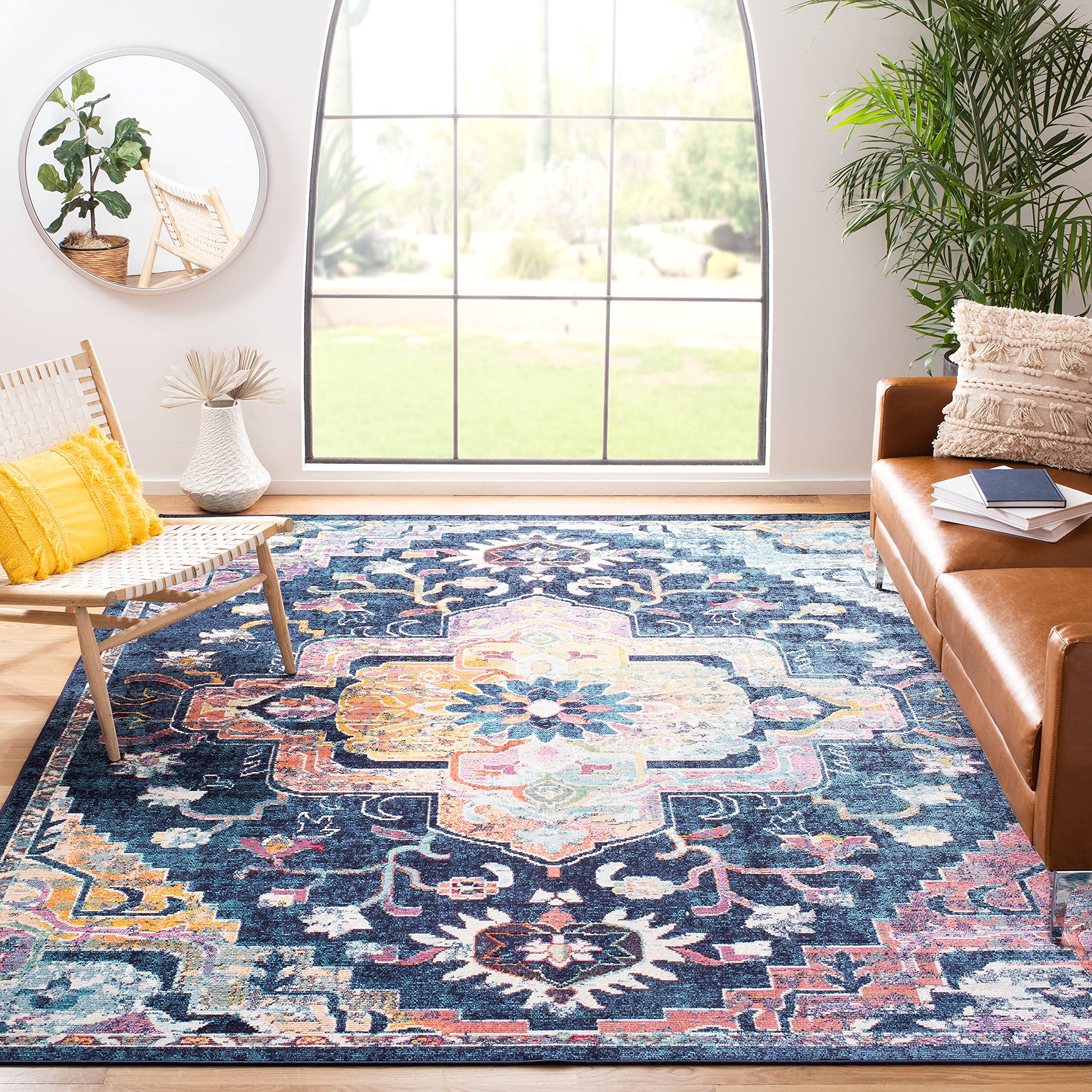 SAFAVIEH Crystal Collection 7 Square Navy / Fuchsia CRS501H Boho Chic Oriental Medallion Distressed Non-Shedding Living Room Be
