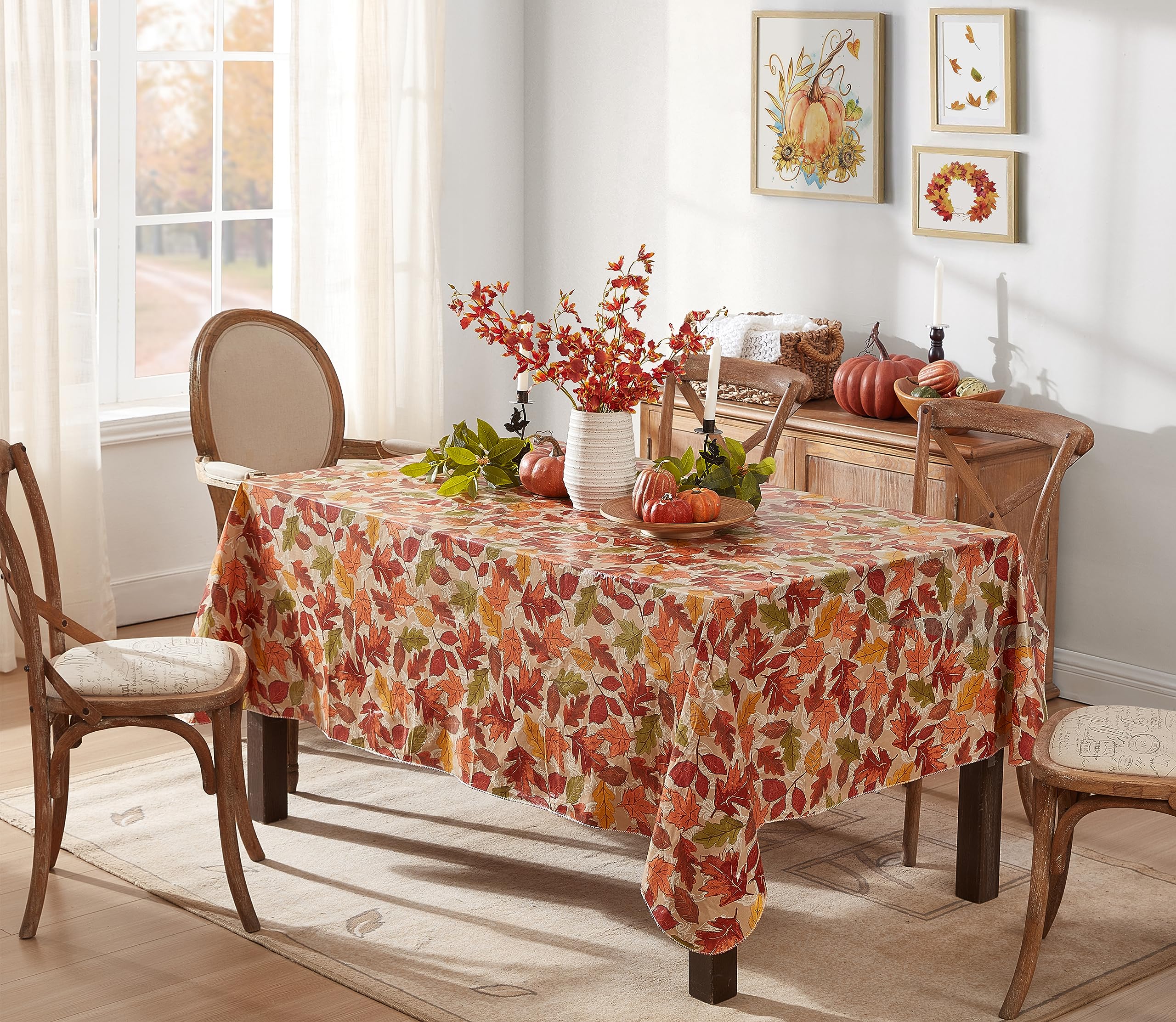 Newbridge Leaves Are Falling Autumn And Thanksgiving Vinyl Flannel Backed Tablecloth, Fall Season Contemporary Leaf Easy Care Vi