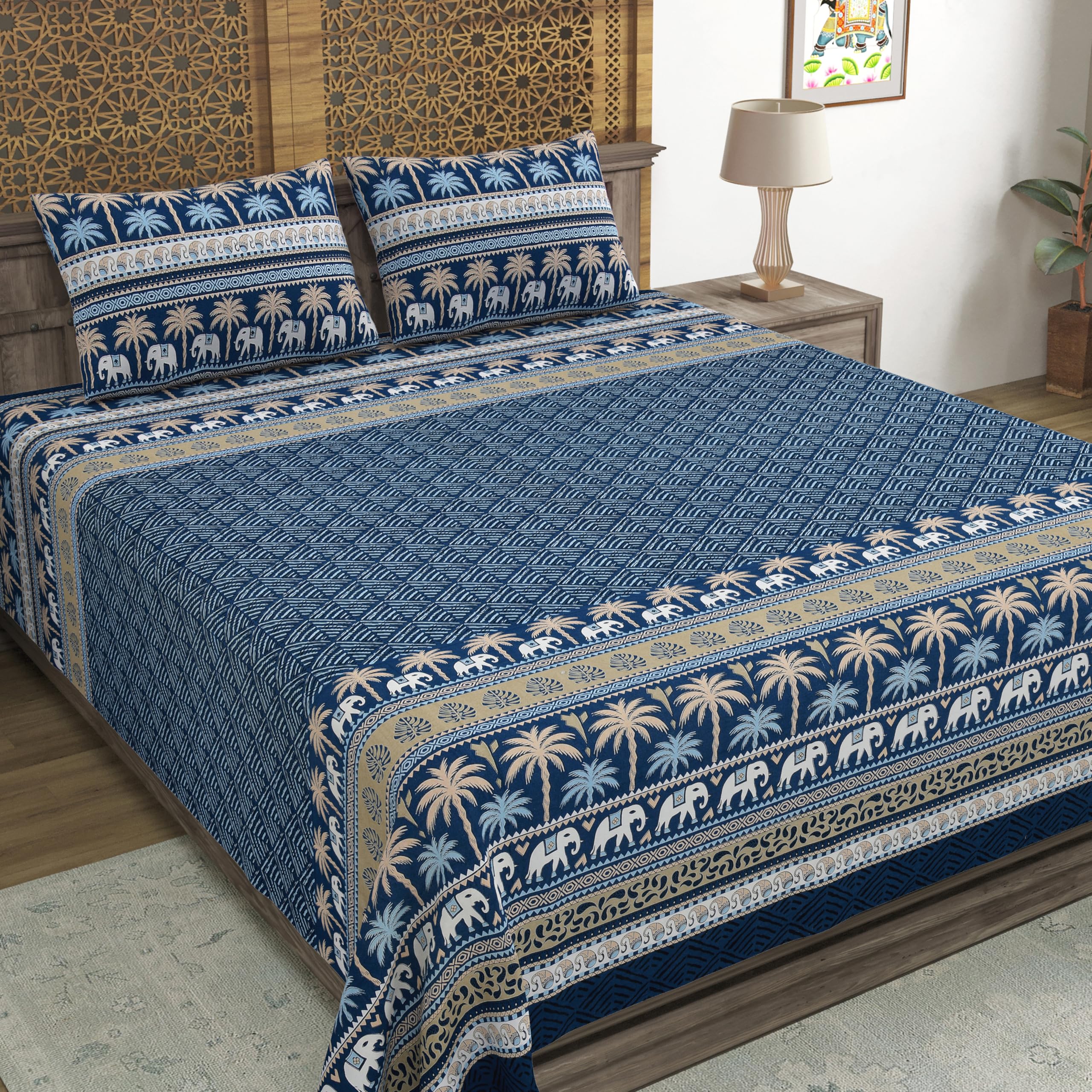Blocks Of India Hand Block Printed 200 Tc Cotton Super King Size Bedsheet(106 X 106) | Pack Of 1, Batik Blue Elephant