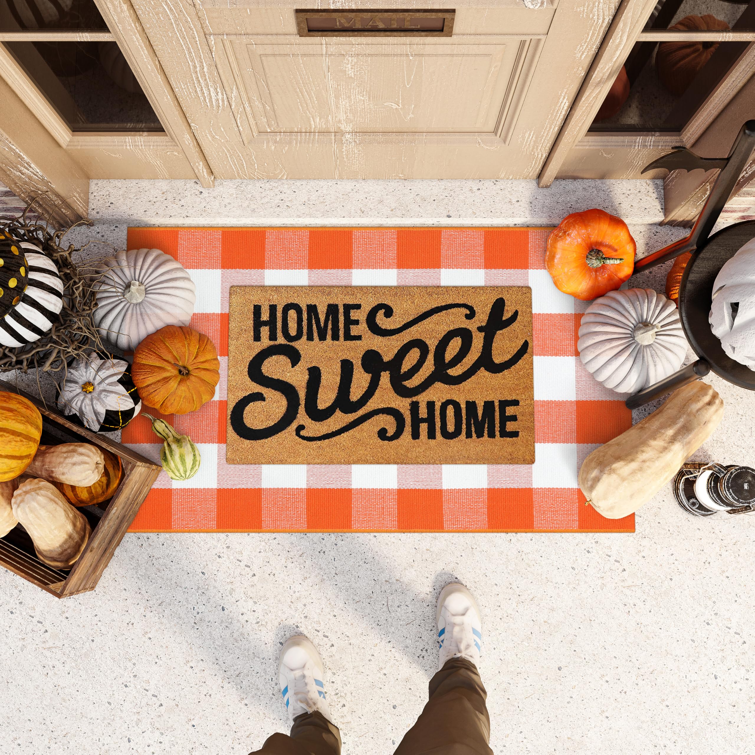KIMODE Halloween Door Mat Outdoor 27.5 x43 , Fall Decor Buffalo Plaid Outdoor Rug,Farmhouse Checkered Layered Welcome Door Mat f