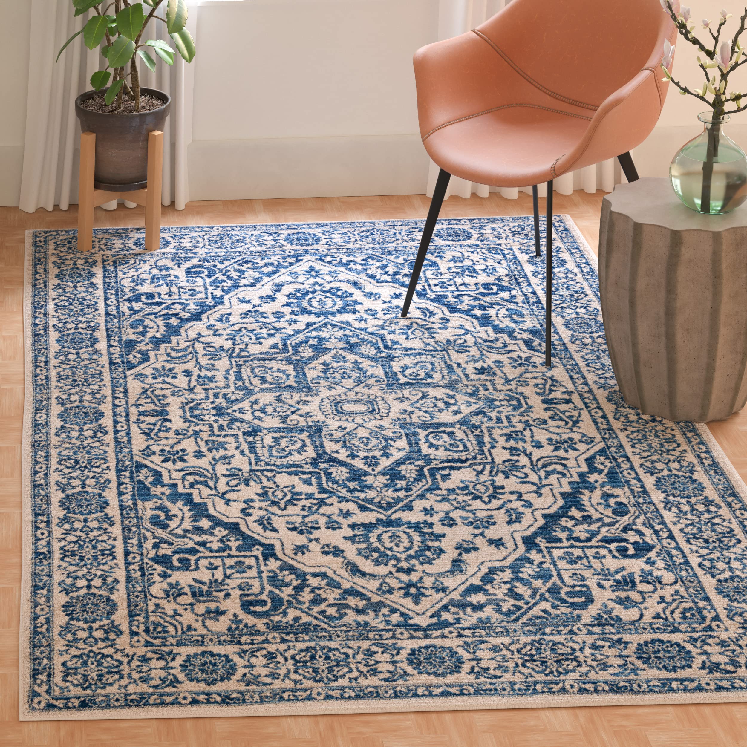 SAFAVIEH Brentwood Collection 4 x 6 Navy / Light Grey BNT832M Medallion Distressed Non-Shedding Living Room Bedroom Accent Rug