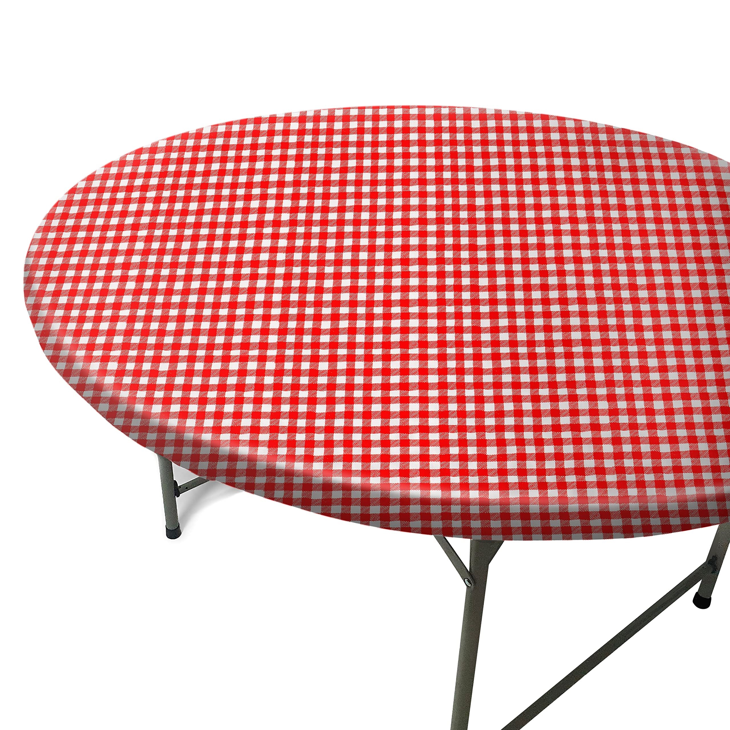 Toptablecloth Fits Tables Up To 31'' To 36'' Inch Round Tablecloth Elastic Red & White Checkered Small Tablecover Outdoor Plasti