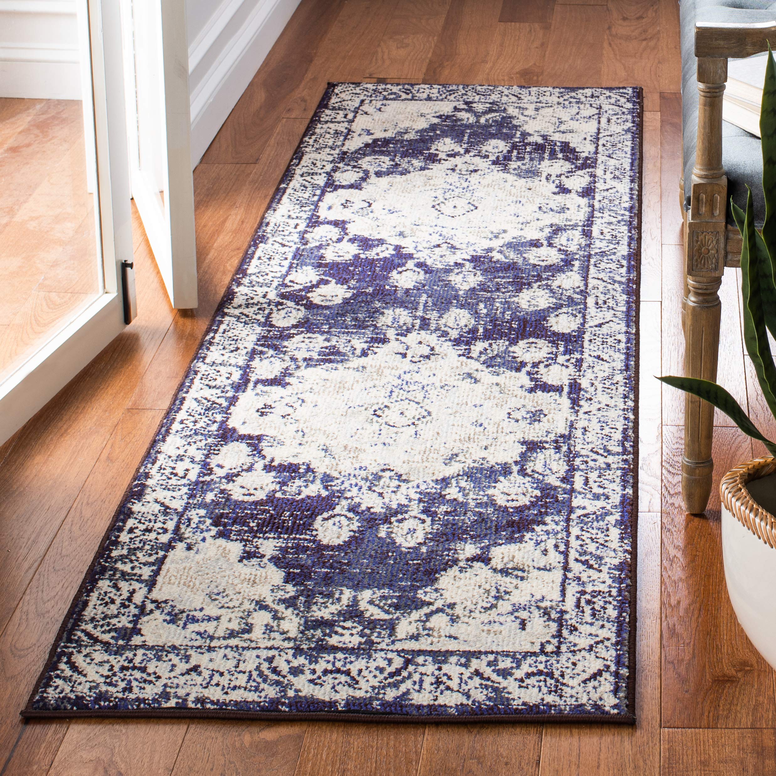 SAFAVIEH Monaco Collection 22 x 8 IvoryNavy MNC243C Boho Chic Medallion Distressed Non-Shedding Living Room Bedroom Runner Rug