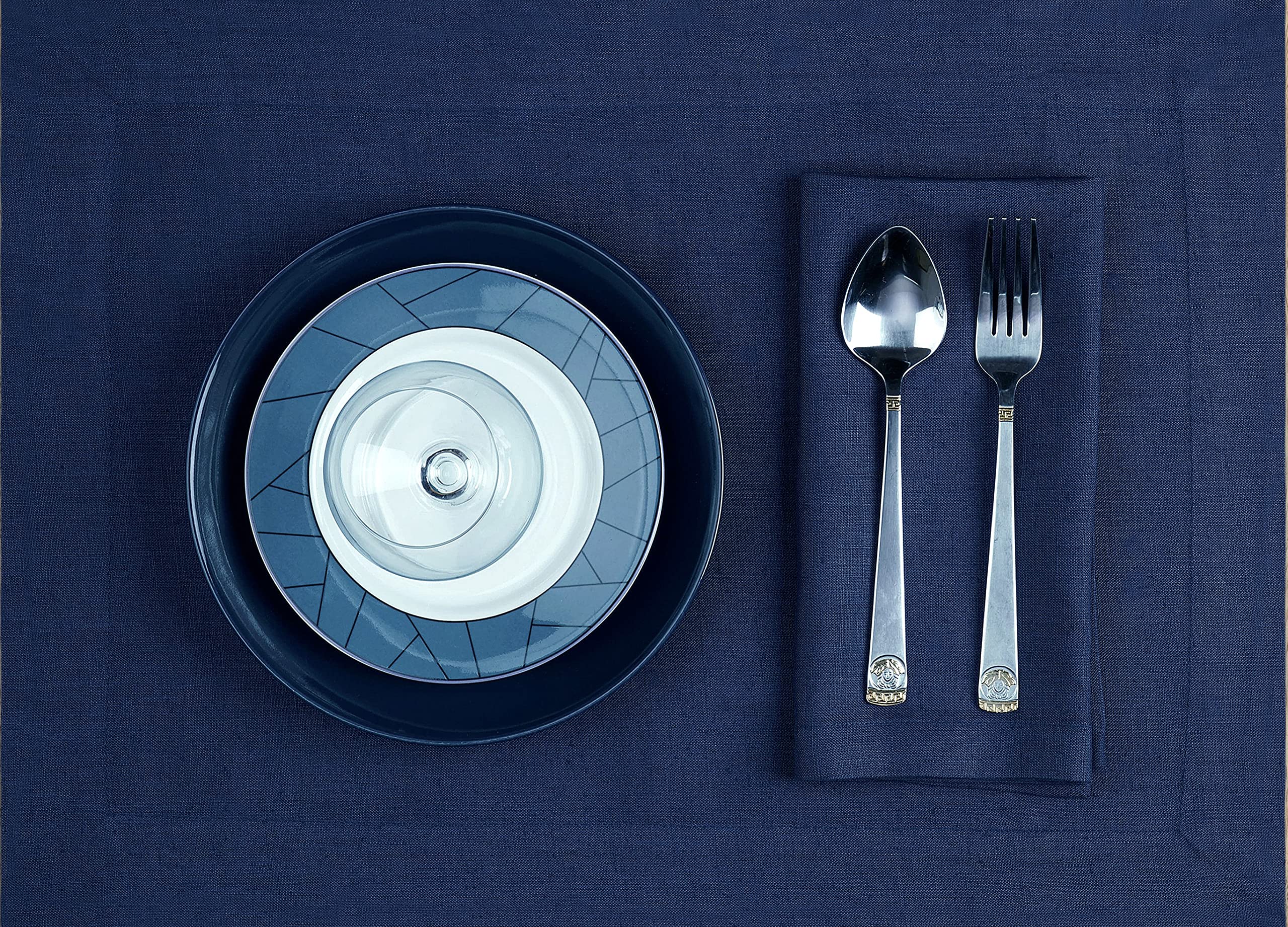 D'Moksha Homes Navy Blue Linen Placemats With White Trim, Set Of 4-14 X 19 Inch, 100% Pure Linen Fabric Placemats Navy Blue & Wh