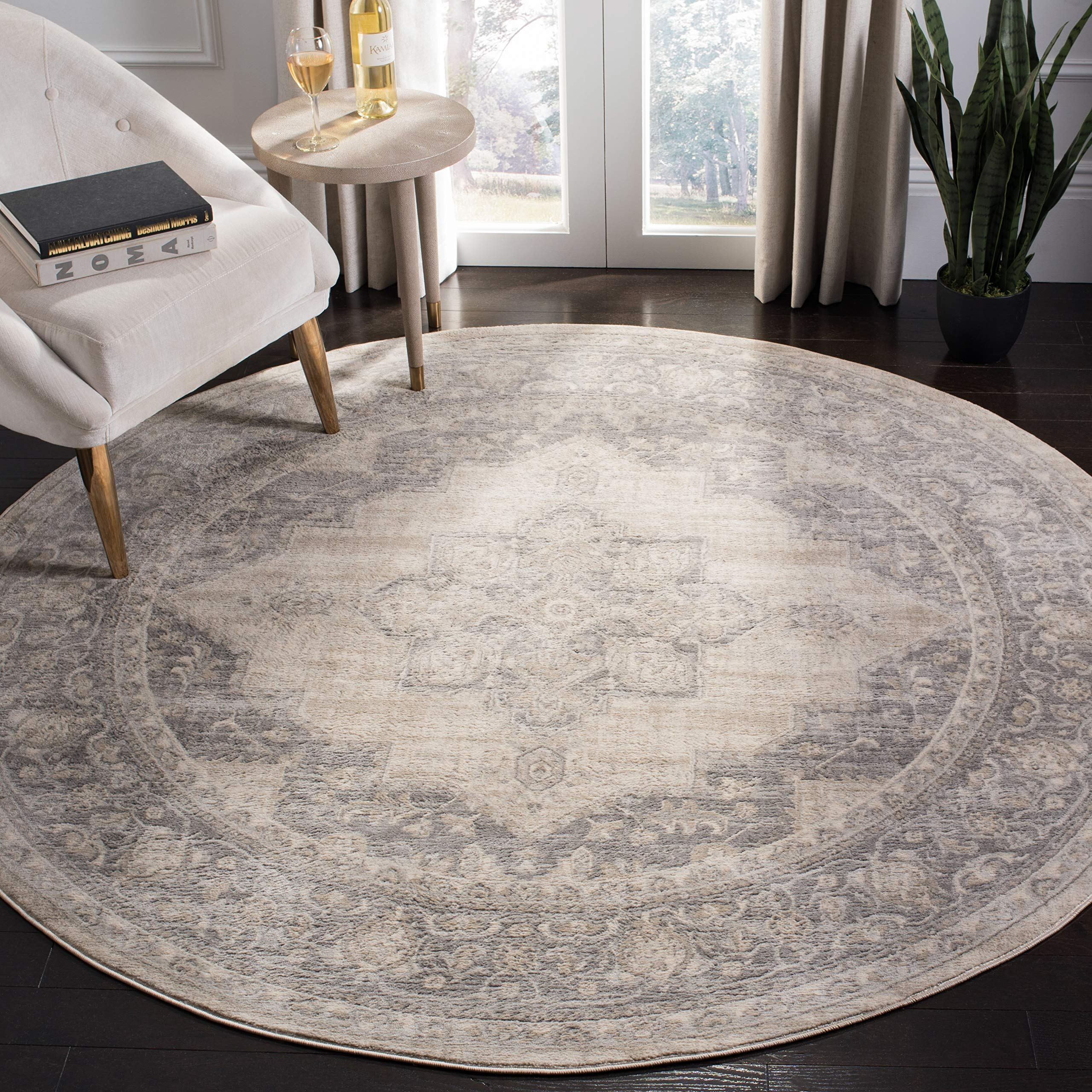 SAFAVIEH Brentwood Collection Area Rug - 11 Round, Cream & Grey, Medallion Distressed Design, Non-Shedding & Easy Care, Ideal f
