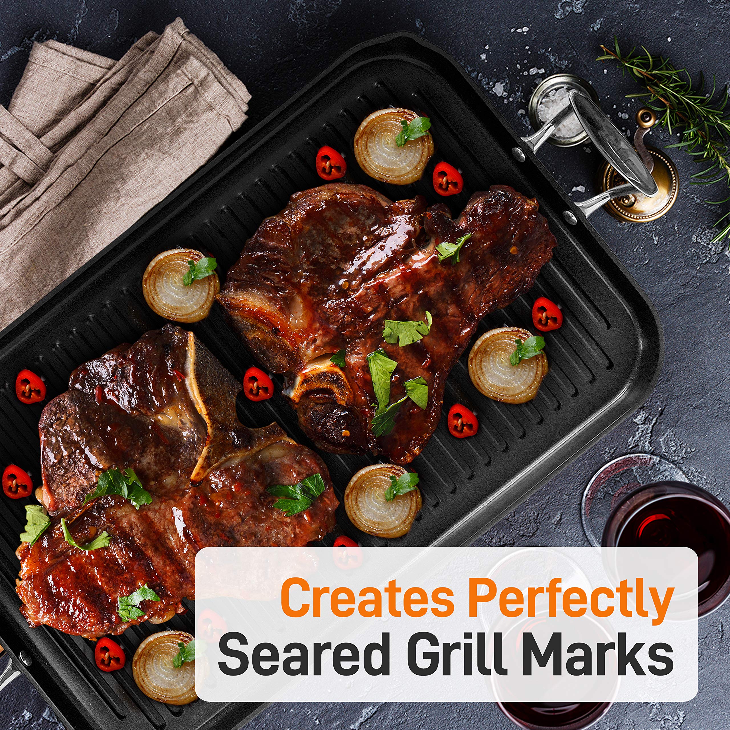 Nutrichef 20''X13'' Stove Top Grill Pan - Double Burner, Hard-Anodized Non Stick Grill & Griddle Pan