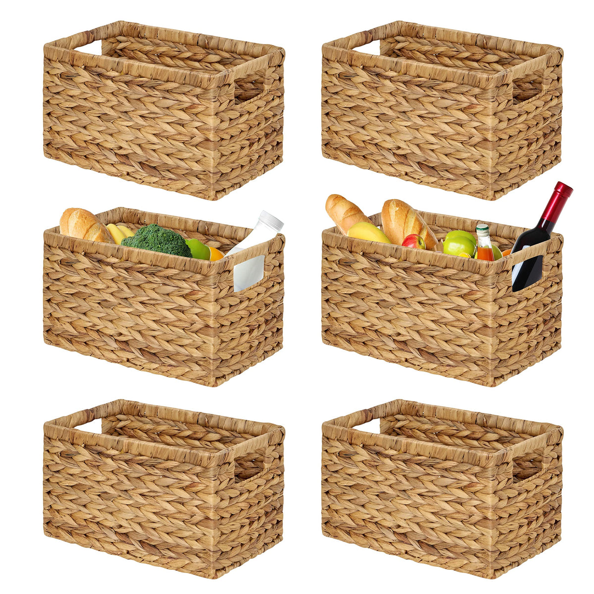 Barien Set Of 6 Natural Water Hyacinth Woven Storage Baskets 12.6    X 8    X 7   , Rectangular Wicker Basket With Built-In Hand